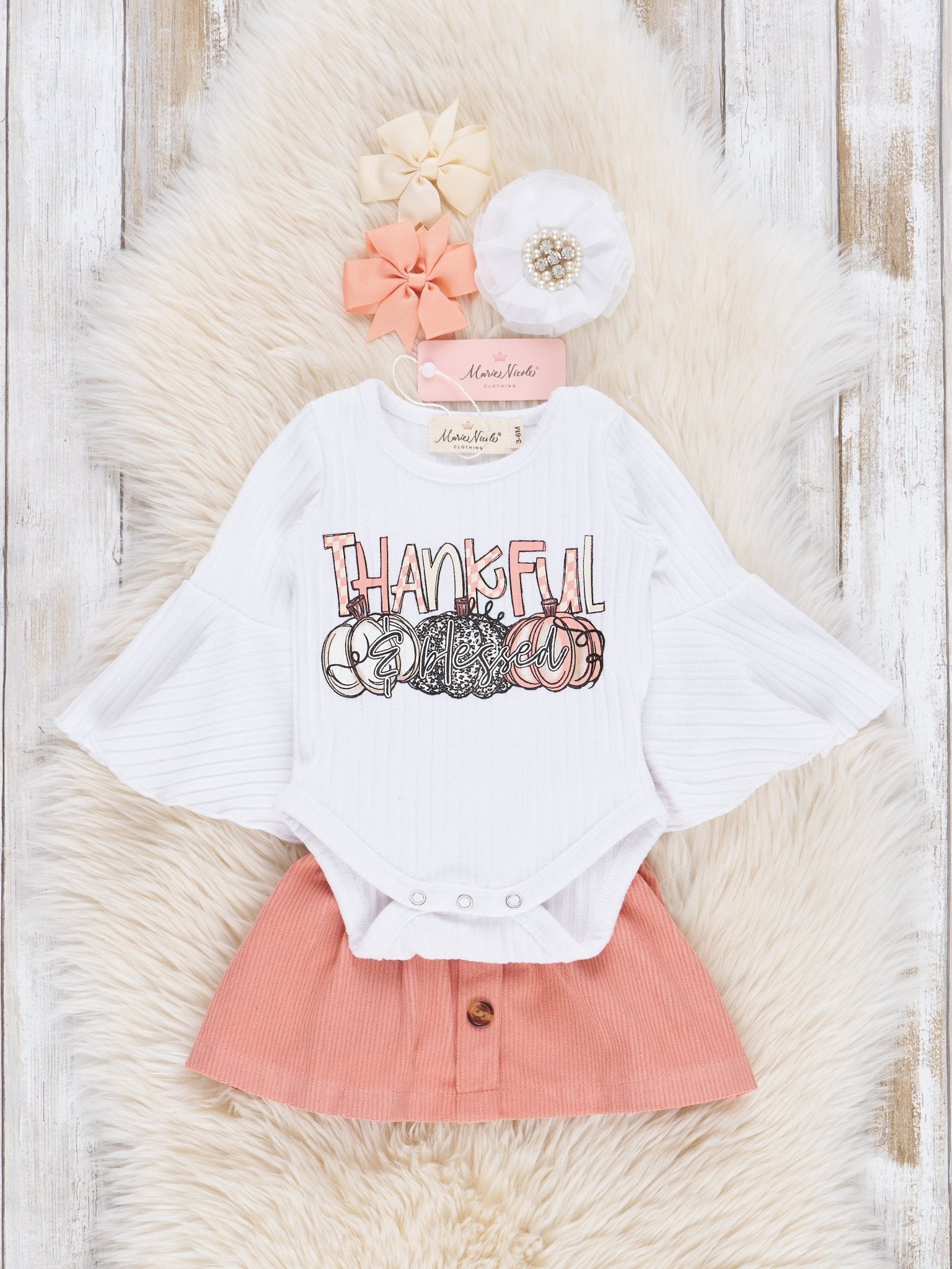Peach Thankful Pumpkins Bubble Outfit w/ Corduroy Skirt - Marie Nicole Clothing