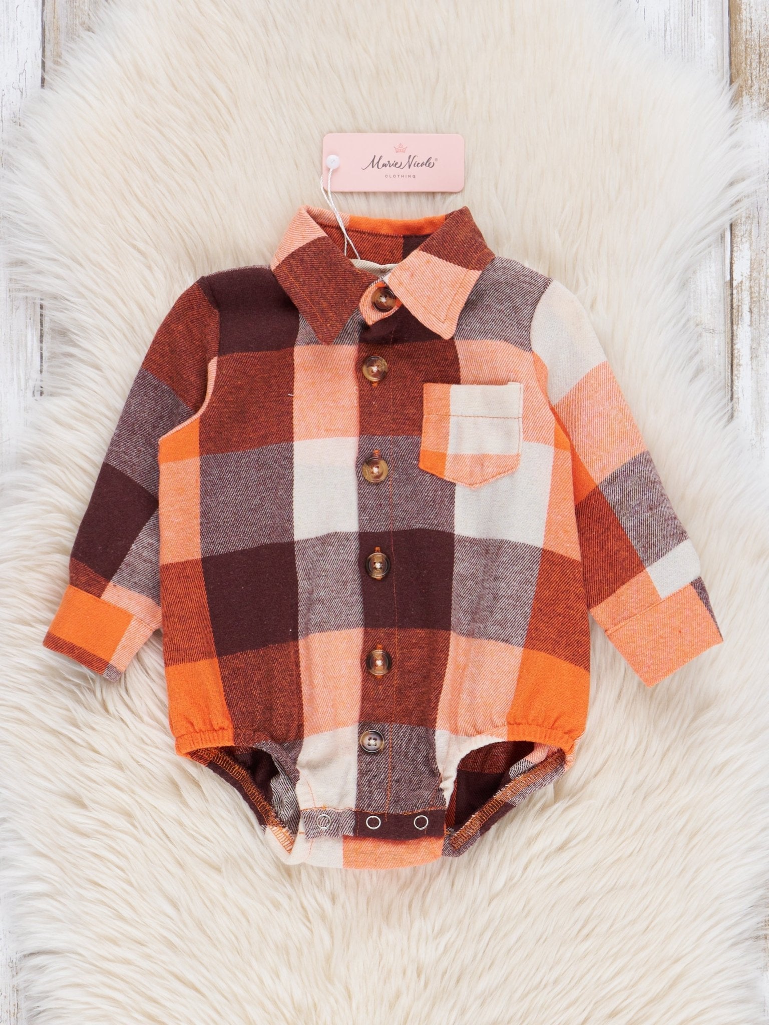 Maroon & Orange Flannel Button - Up Bubble Romper - Marie Nicole Clothing