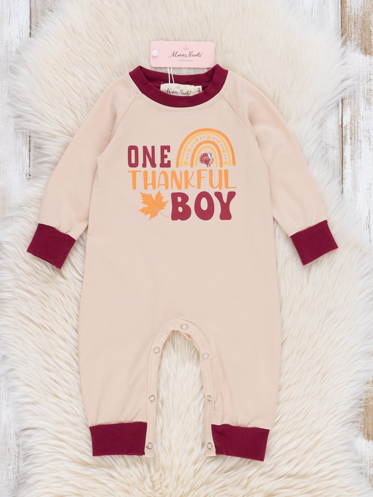 Tan & Maroon "Thankful Boy" Romper - Marie Nicole Clothing