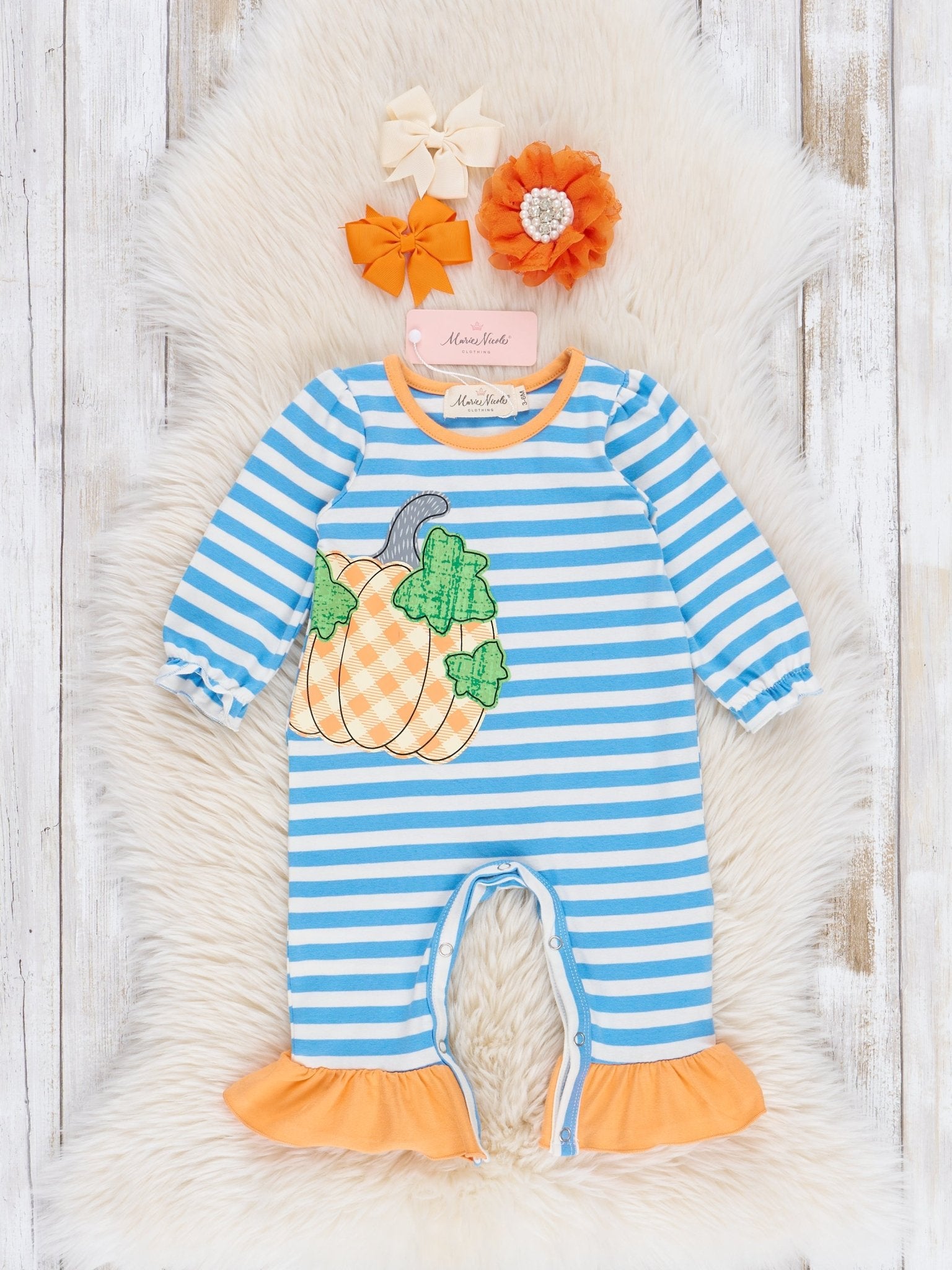 Cobalt Striped Gingham Pumpkin Ruffle Romper - Marie Nicole Clothing