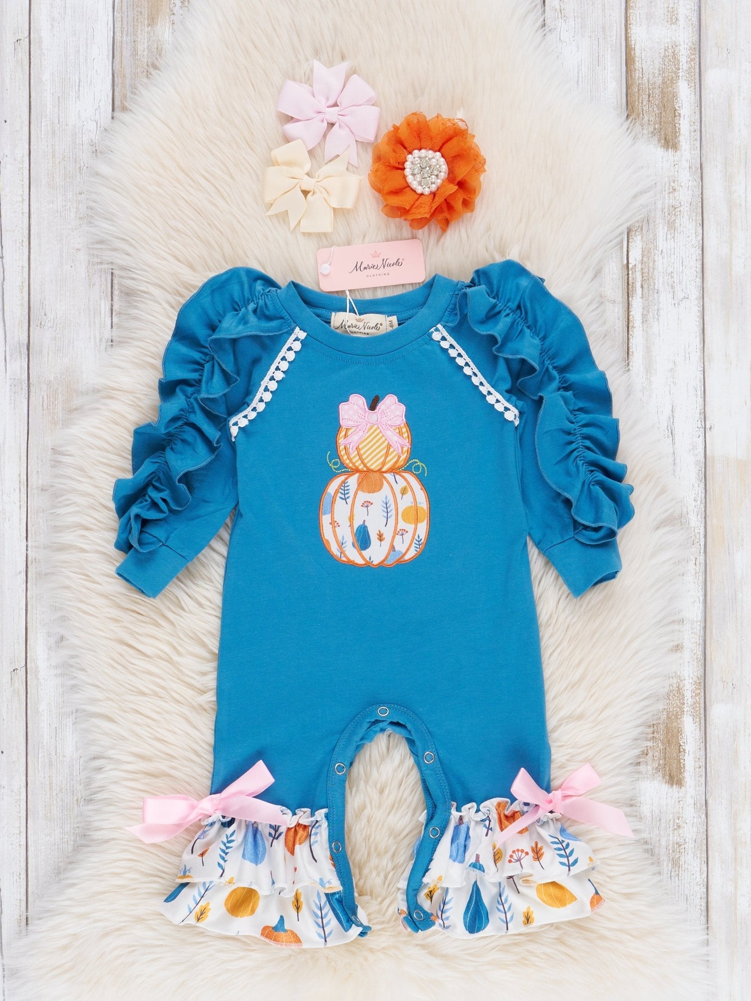 Blue & Pink Sweet Pumpkins Ruffle Romper - Marie Nicole Clothing