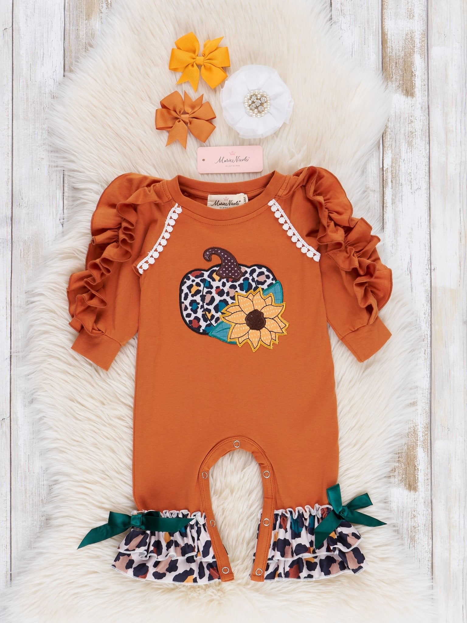 Bronze & Teal Leopard Harvest Ruffle Romper - Marie Nicole Clothing