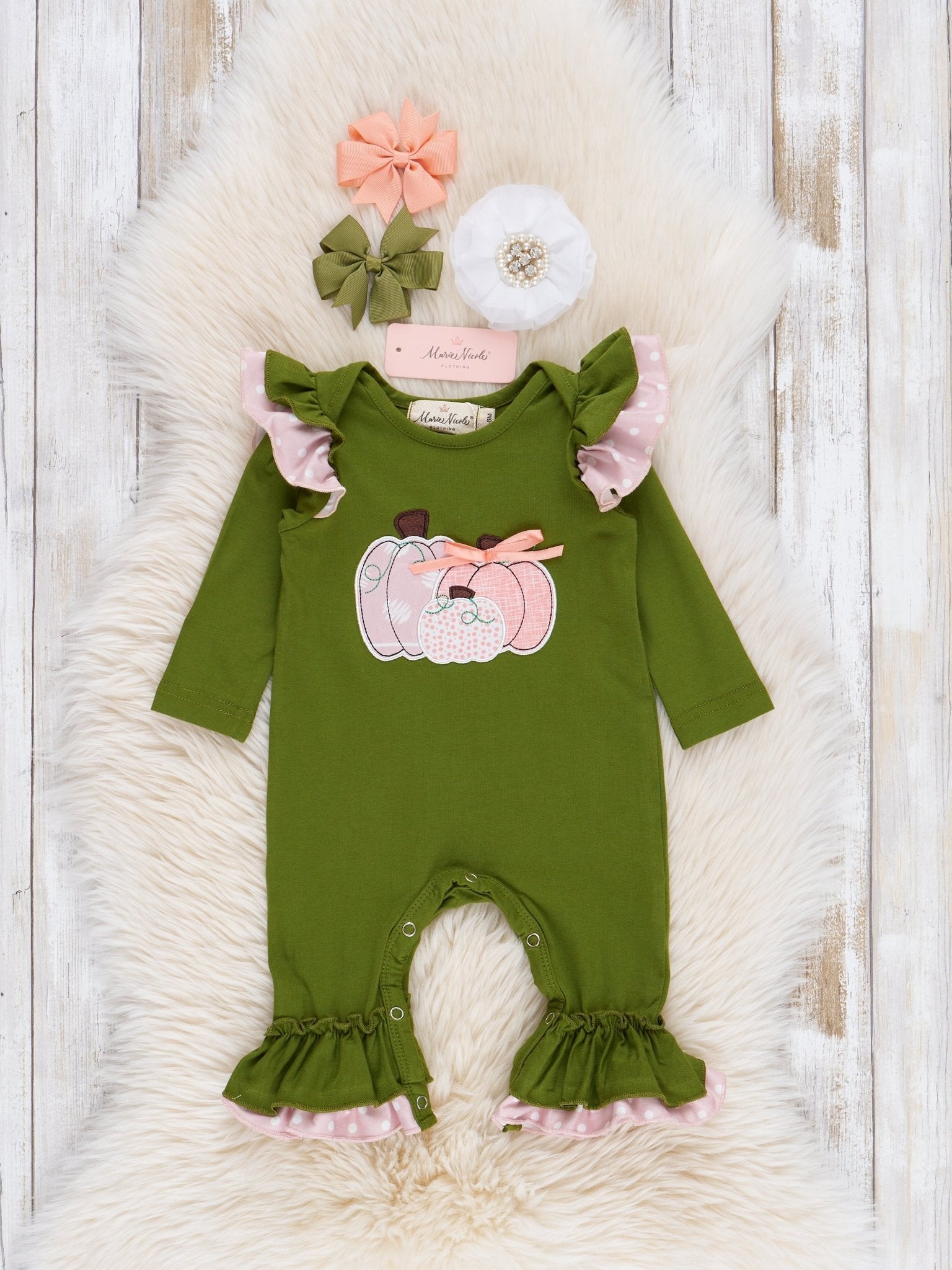 Green & Peach Embroidered Pumpkin Patch Ruffle Romper - Marie Nicole Clothing