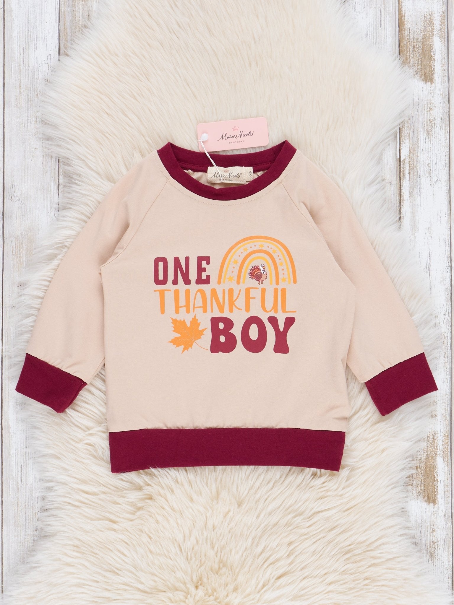 Tan & Maroon "Thankful Boy" Shirt - Marie Nicole Clothing