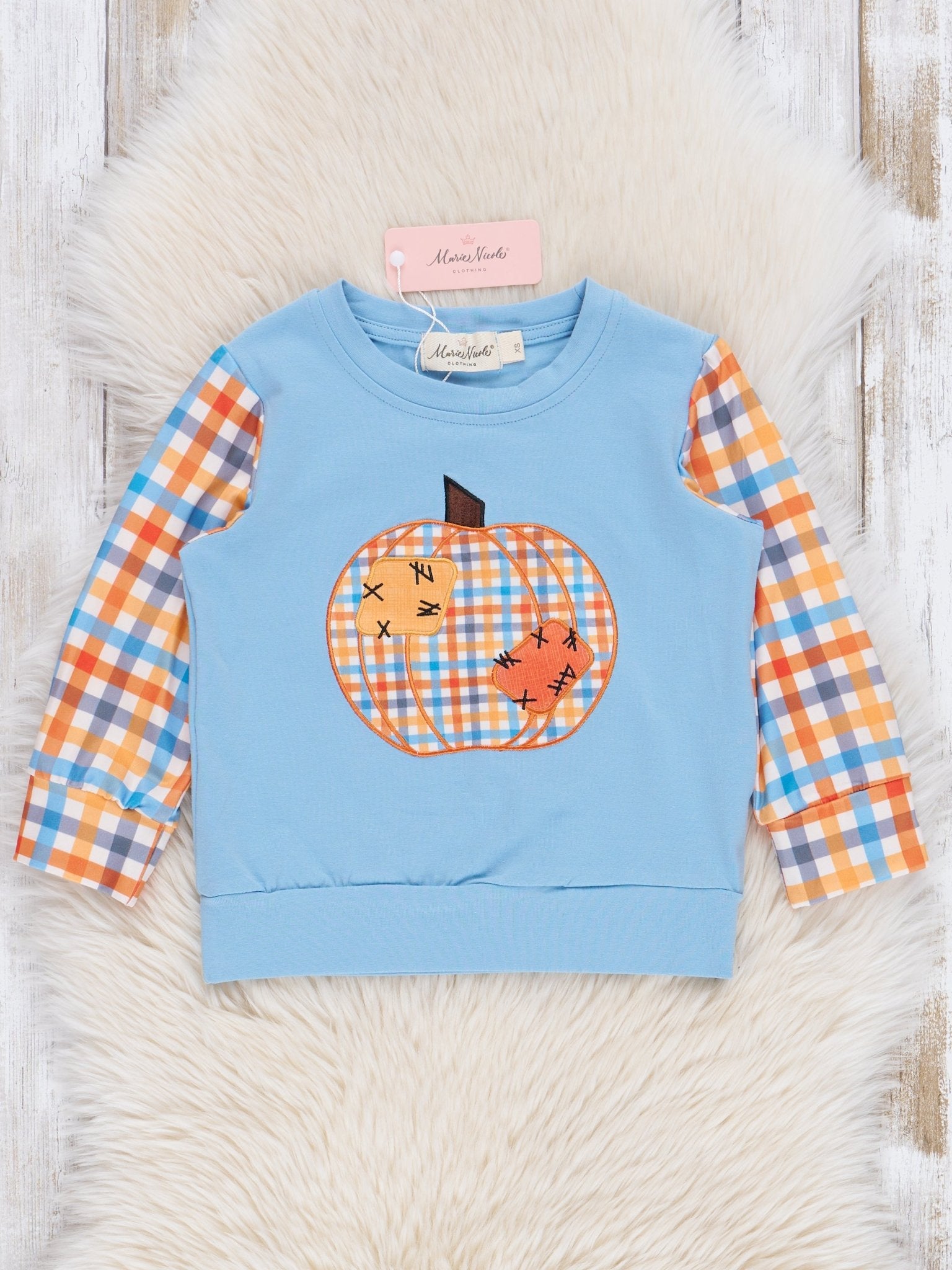 Soft Blue & Orange Gingham Patch Top - Marie Nicole Clothing