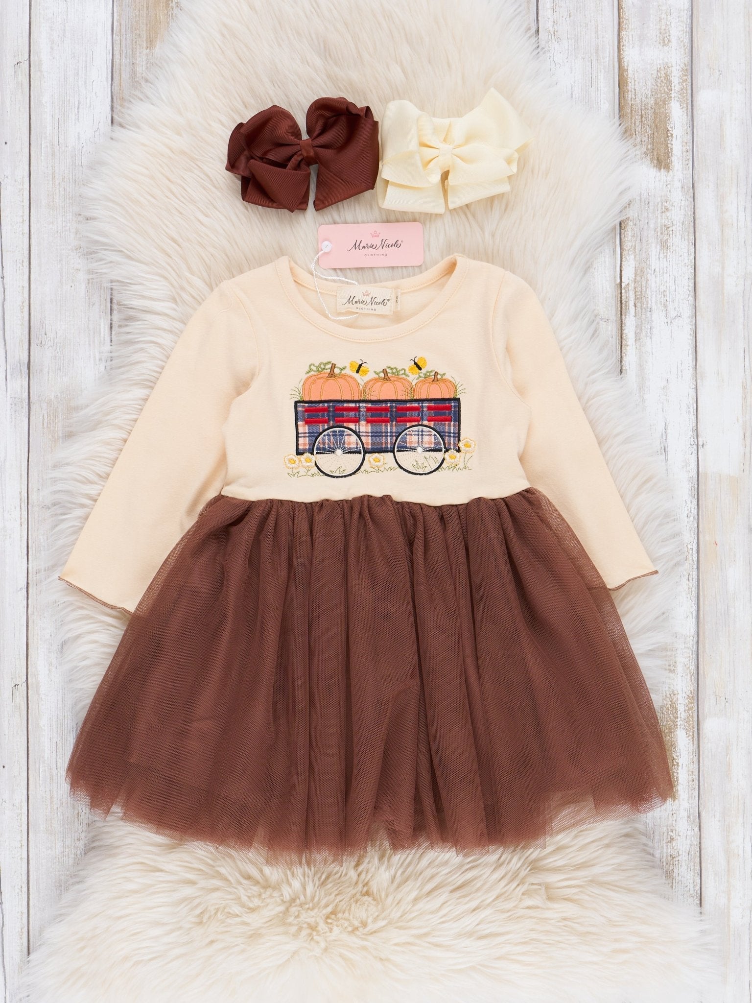 Brown Embroidered Pumpkin Wagon Tulle Dress - Marie Nicole Clothing