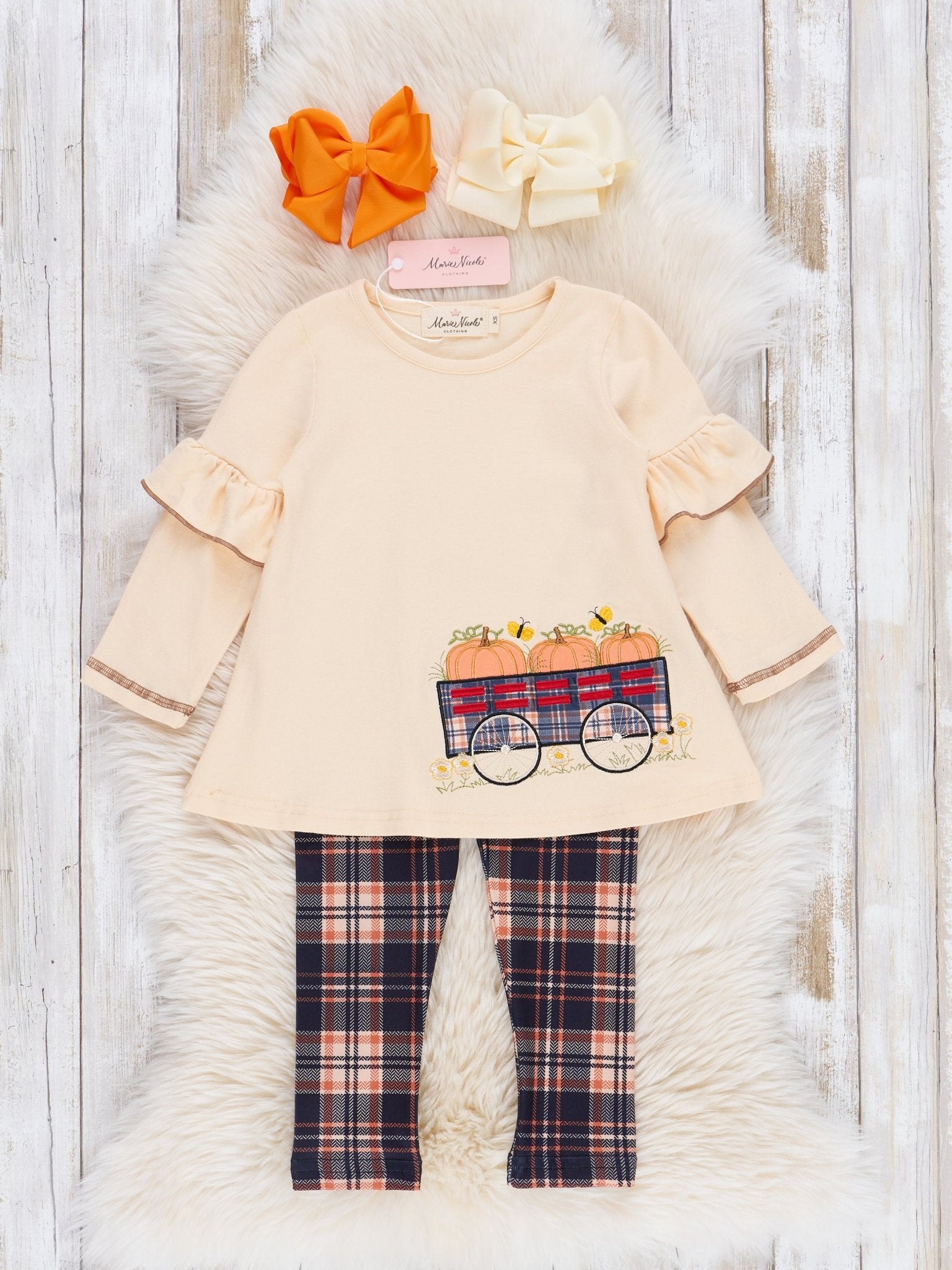 Brown Embroidered Pumpkin Wagon Plaid Outfit - Marie Nicole Clothing