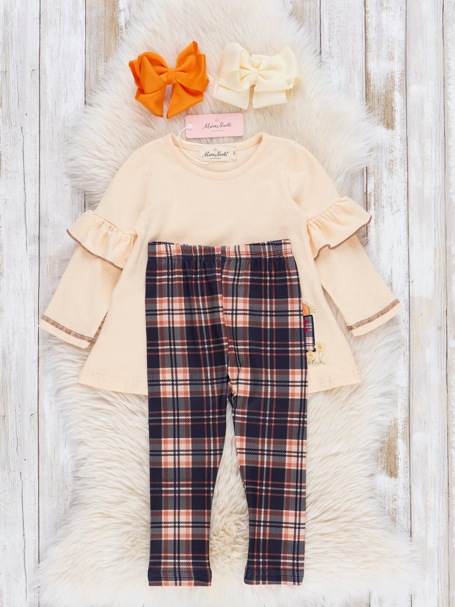 Brown Embroidered Pumpkin Wagon Plaid Outfit - Marie Nicole Clothing
