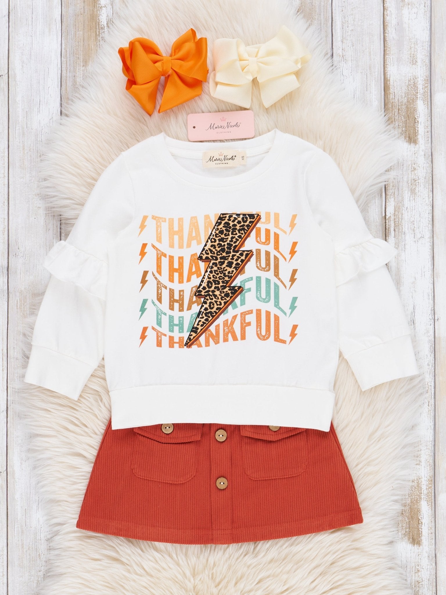 Orange "Thankful" Suede Outfit w/ Skirt - Marie Nicole Clothing