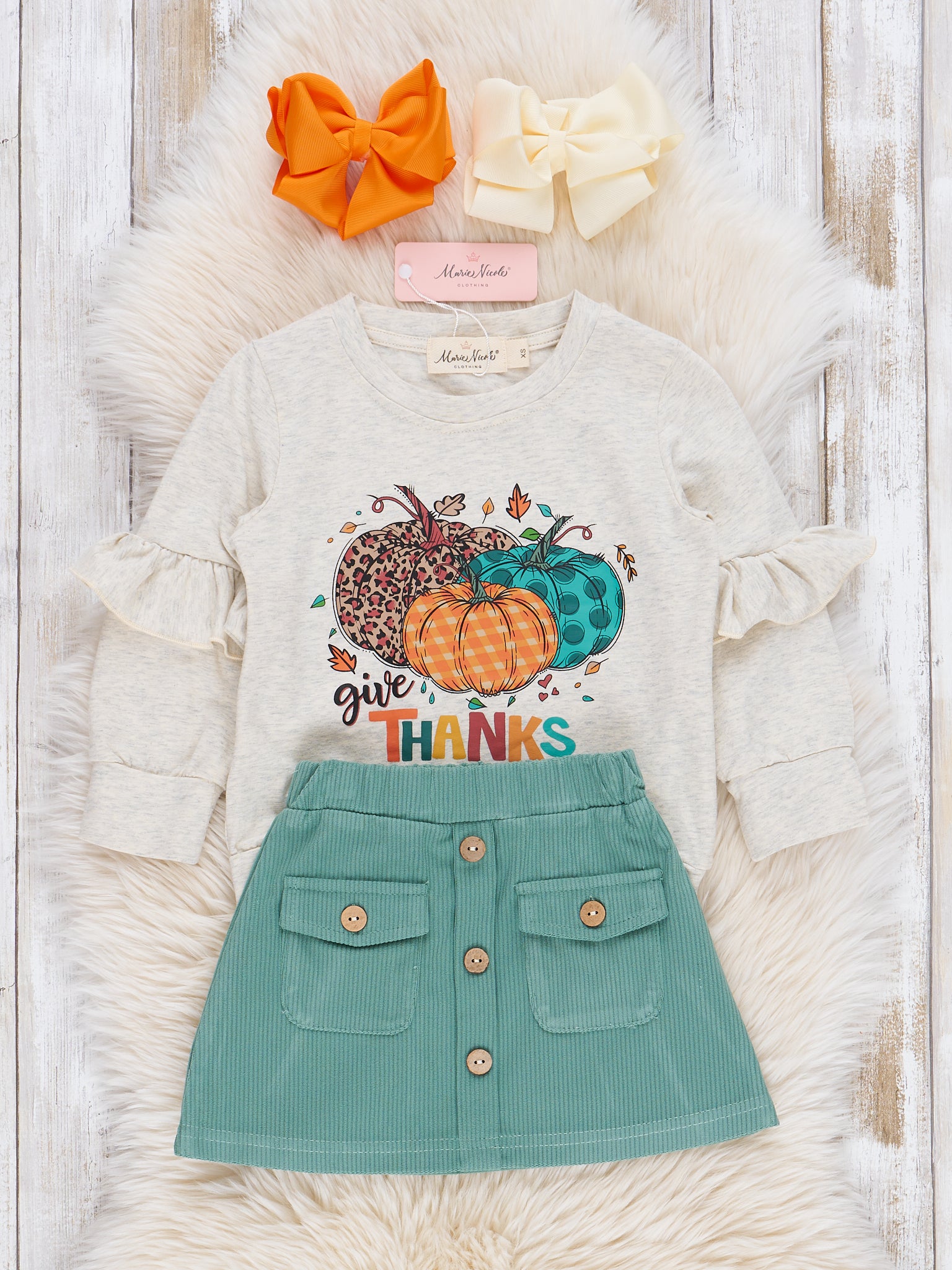 Teal "Give Thanks" Suede Outfit w/ Skirt - Marie Nicole Clothing