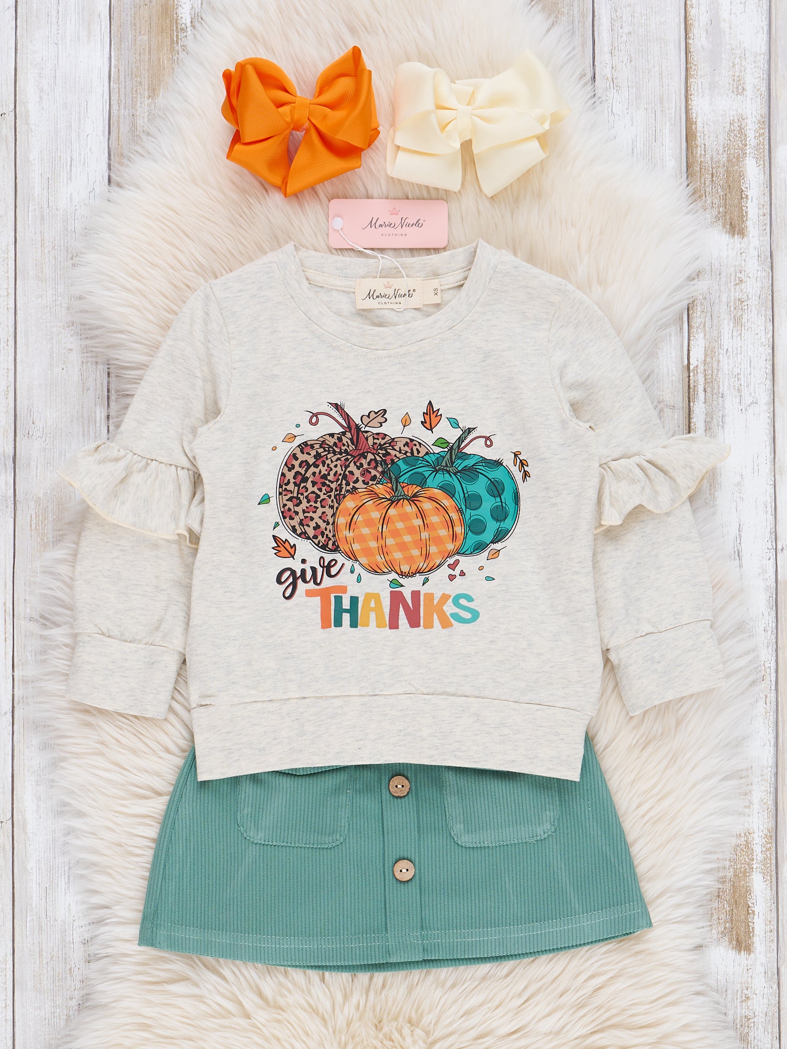 Teal "Give Thanks" Suede Outfit w/ Skirt - Marie Nicole Clothing