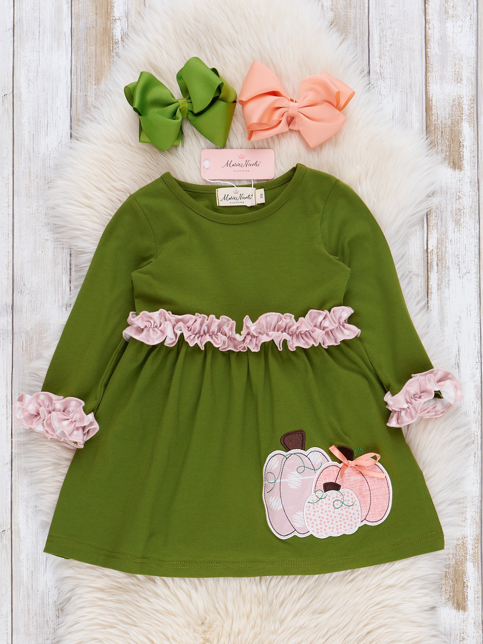 Green & Peach Embroidered Pumpkin Patch Ruffle Dress - Marie Nicole Clothing