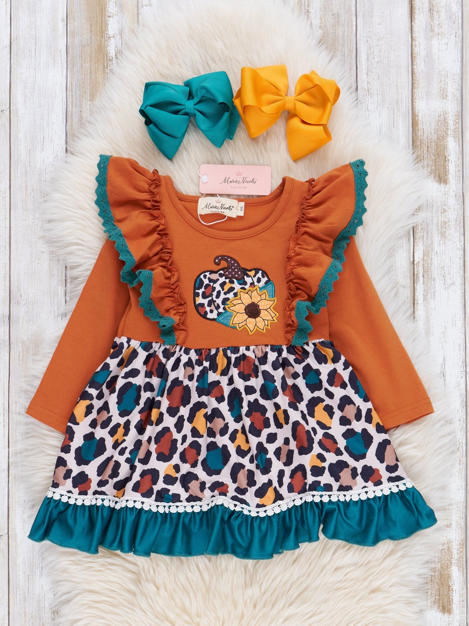Bronze & Teal Leopard Harvest Ruffle Dress - Marie Nicole Clothing