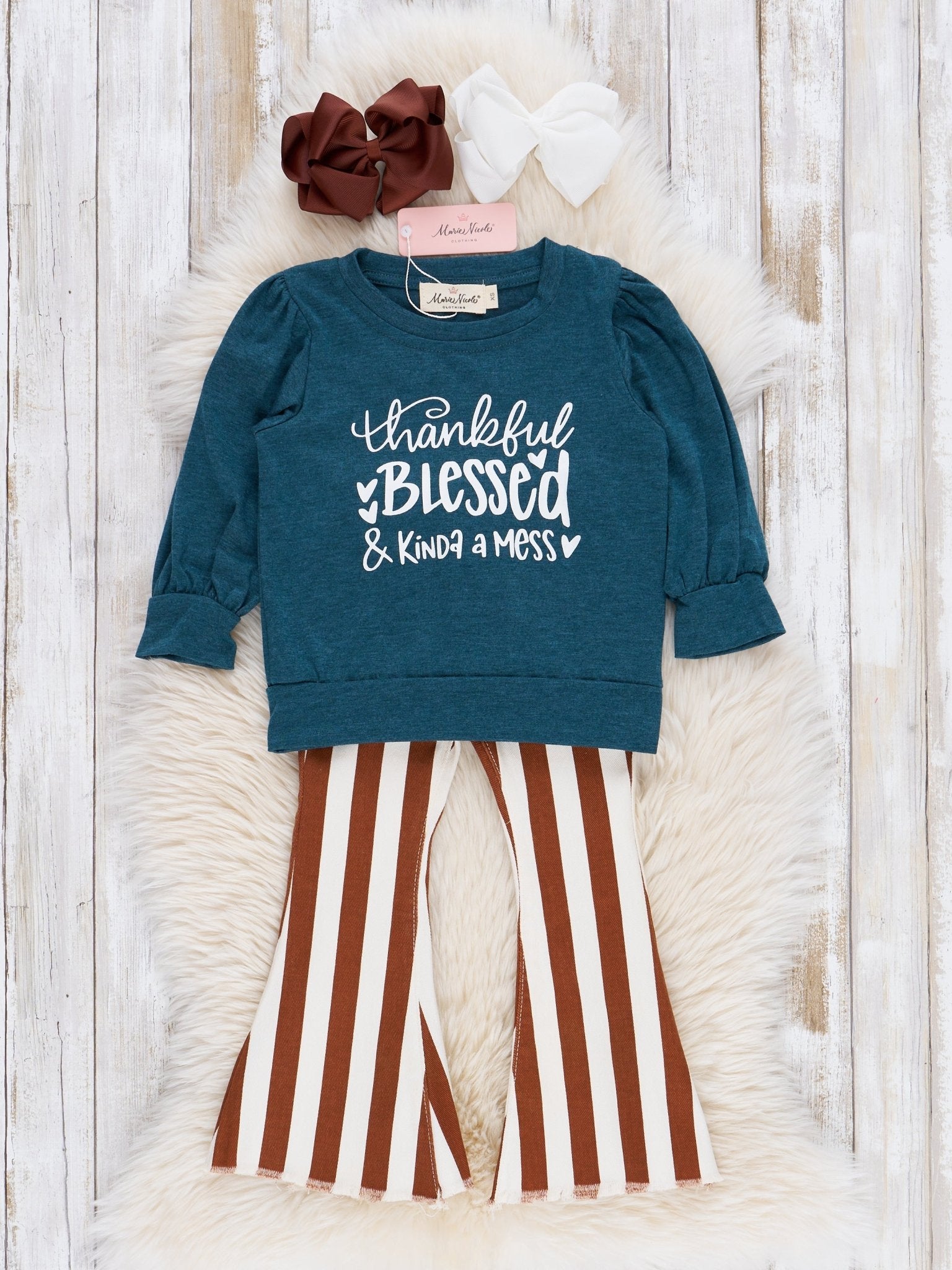 Green & Brown Stripes "Kinda a Mess" Bell Bottoms Outfit - Marie Nicole Clothing