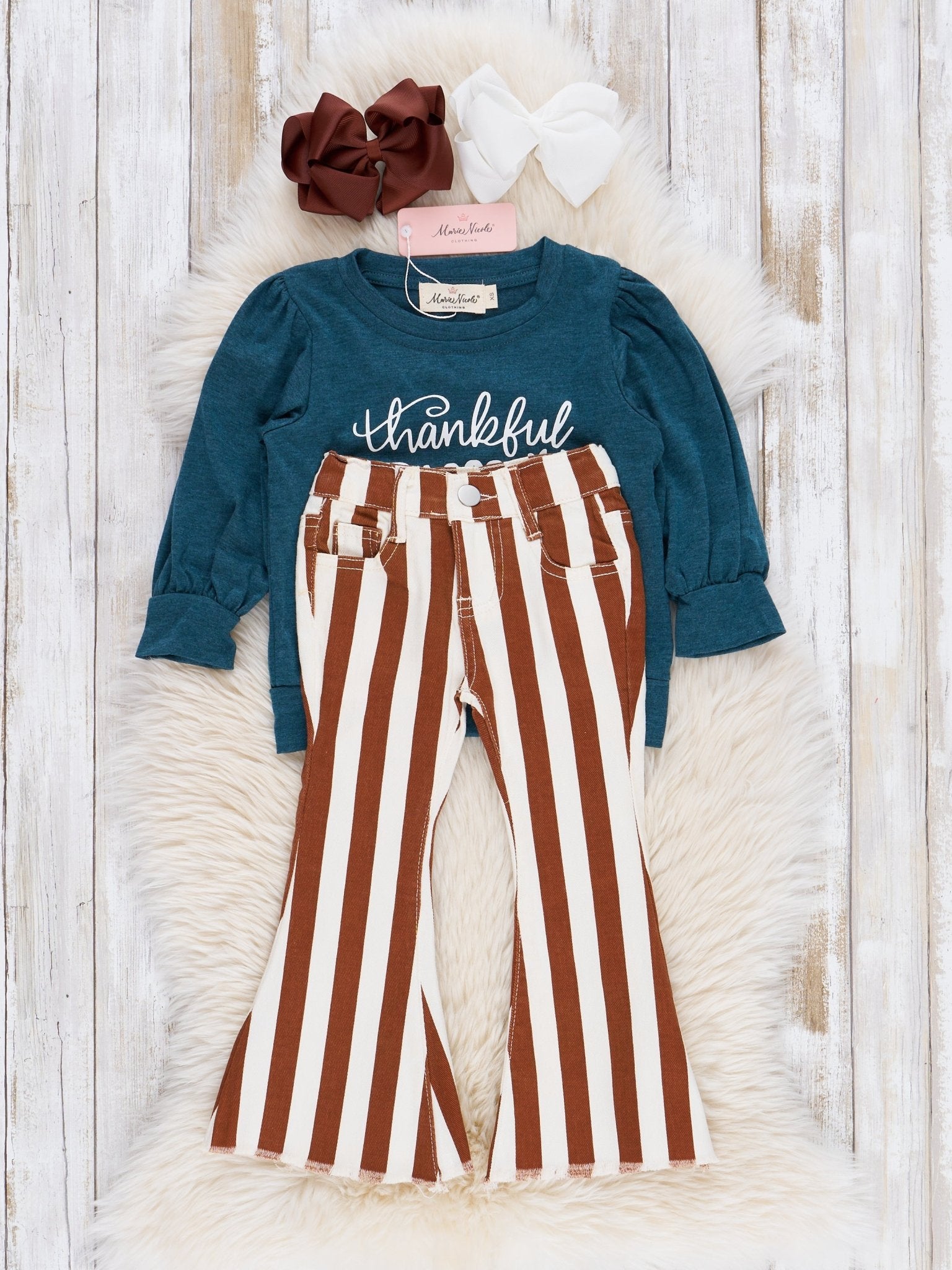 Green & Brown Stripes "Kinda a Mess" Bell Bottoms Outfit - Marie Nicole Clothing
