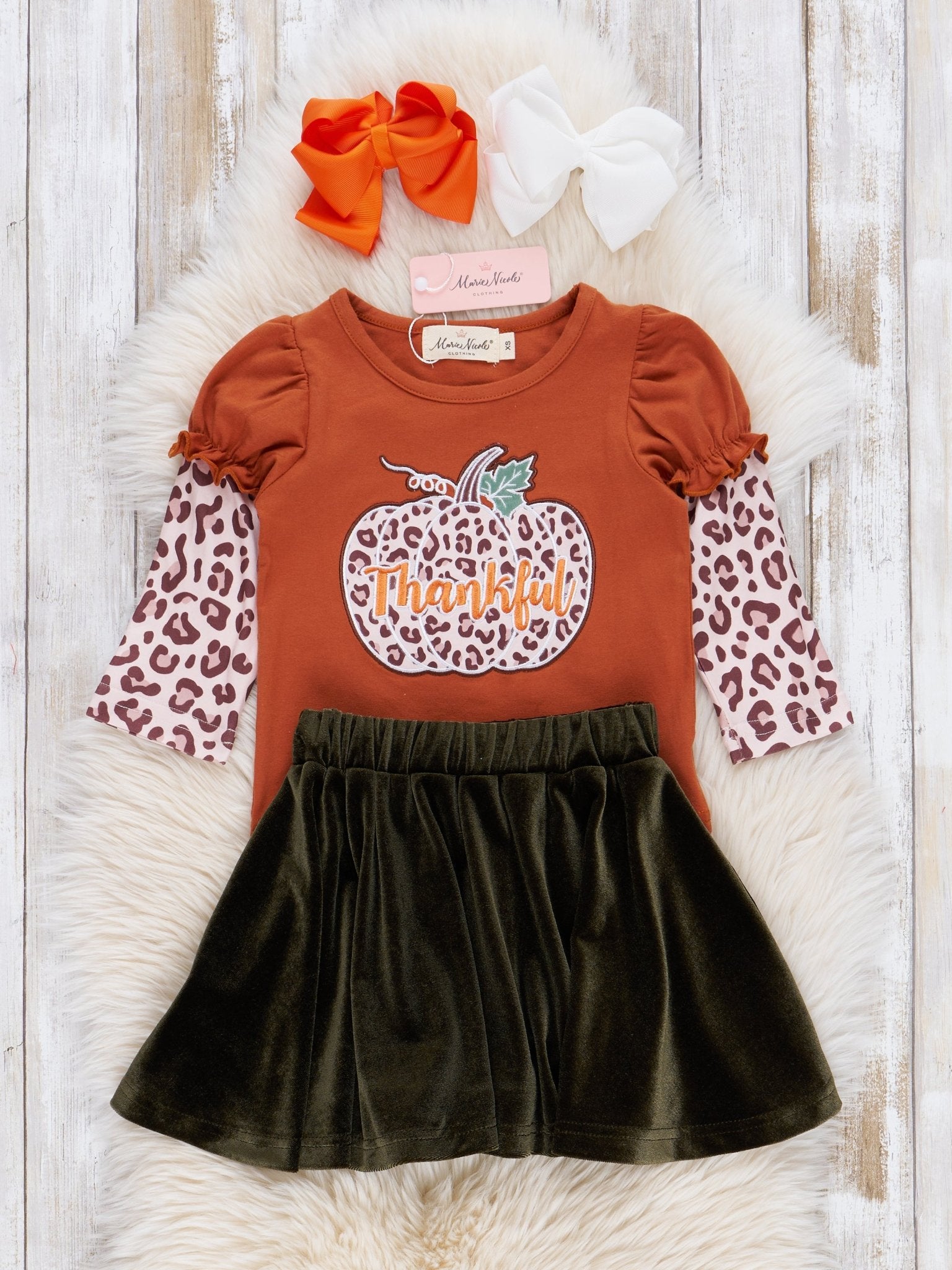 Bronze & Olive Leopard Pumpkin Velvet Outfit w/ Skirt - Marie Nicole Clothing