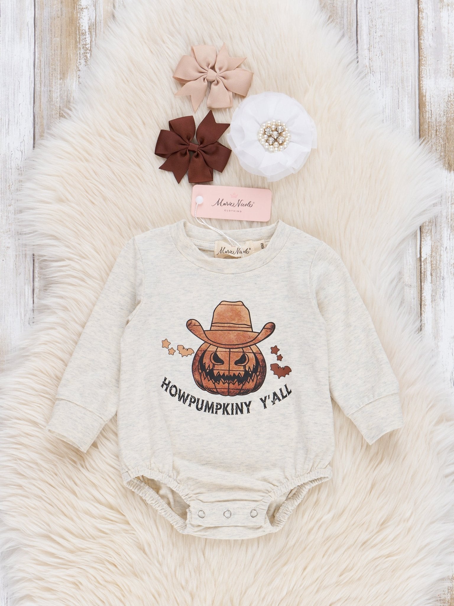 Heather Oatmeal Pumpkin Cowboy Romper - Marie Nicole Clothing