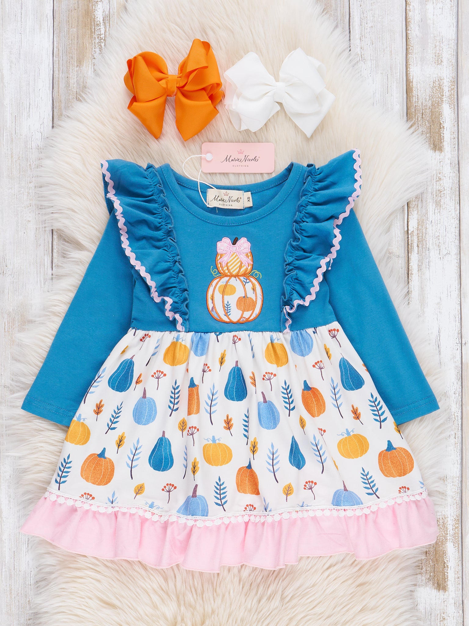 Blue & Pink Sweet Pumpkins Ruffle Dress - Marie Nicole Clothing