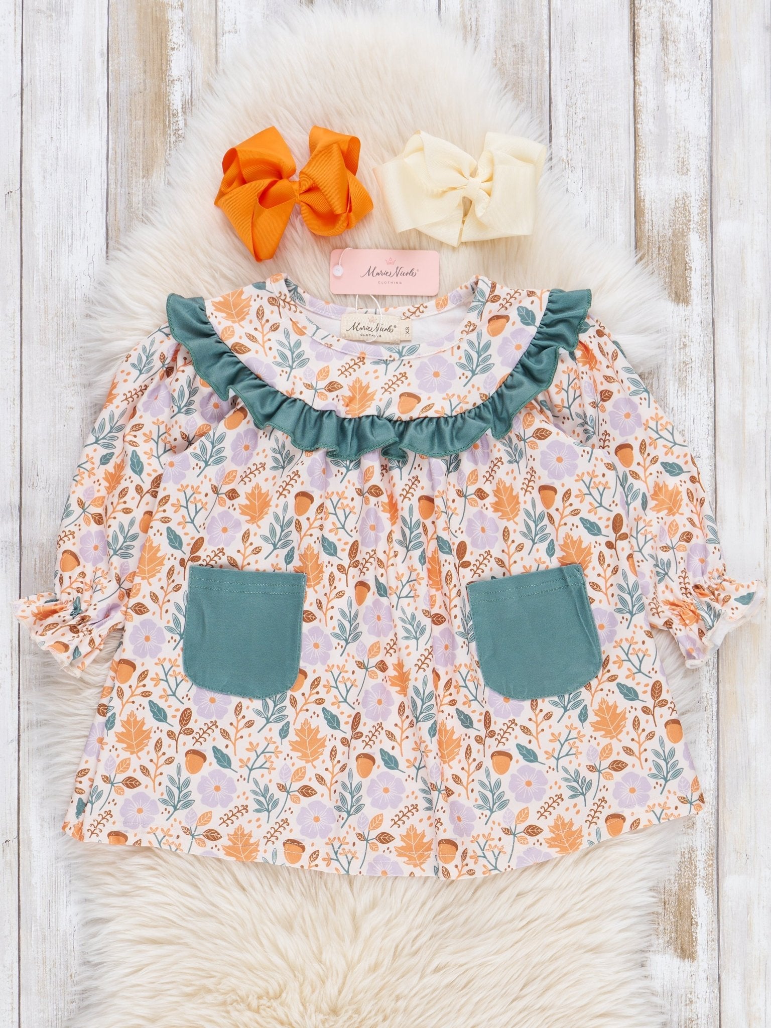Hunter Green Dainty Autumn Blooms Ruffle Dress - Marie Nicole Clothing