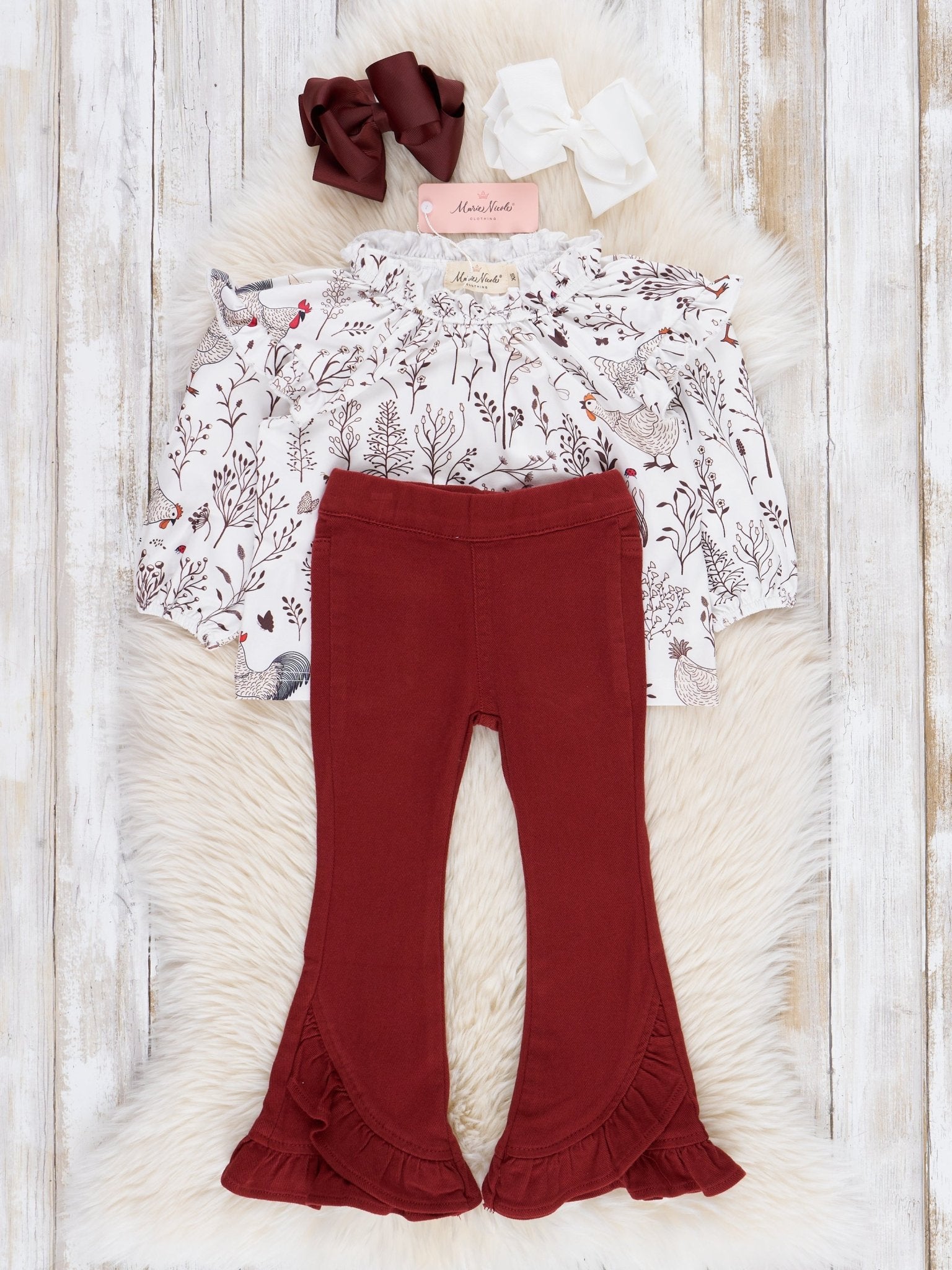 Maroon Rooster Ruffle Outfit - Marie Nicole Clothing