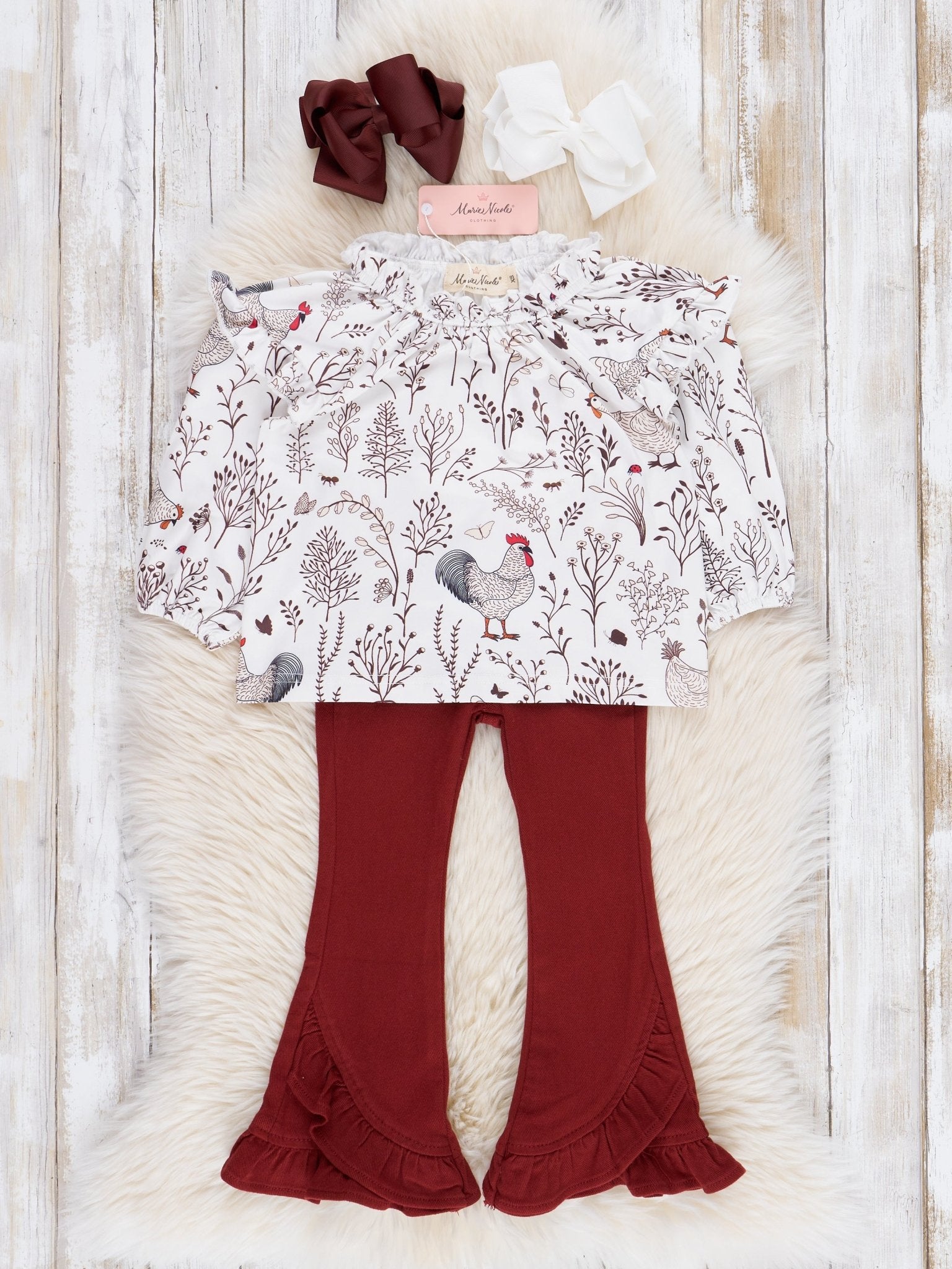 Maroon Rooster Ruffle Outfit - Marie Nicole Clothing