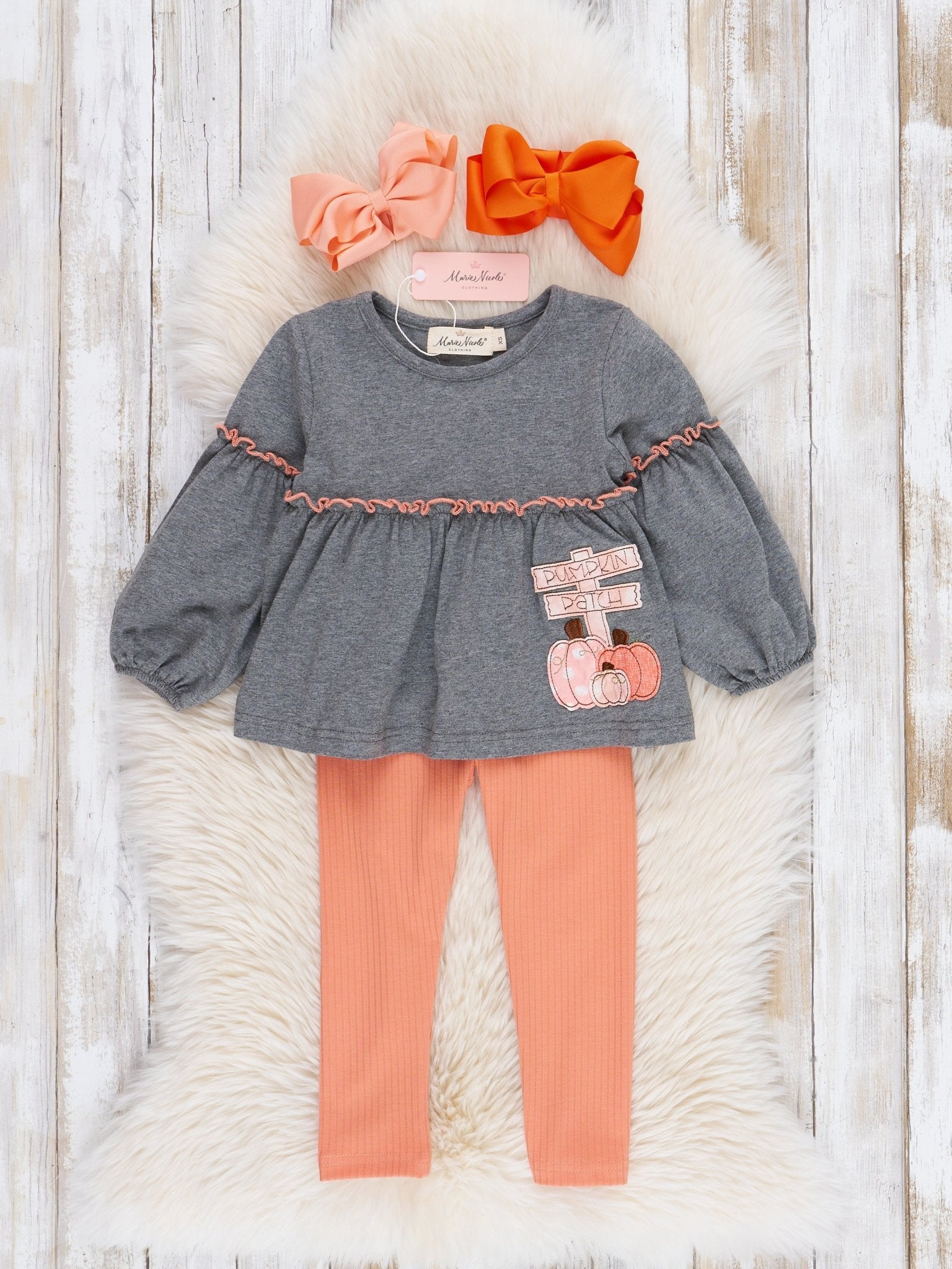 Orange & Grey Pumpkin Patch Bubble Sleeve Outfit - Marie Nicole Clothing