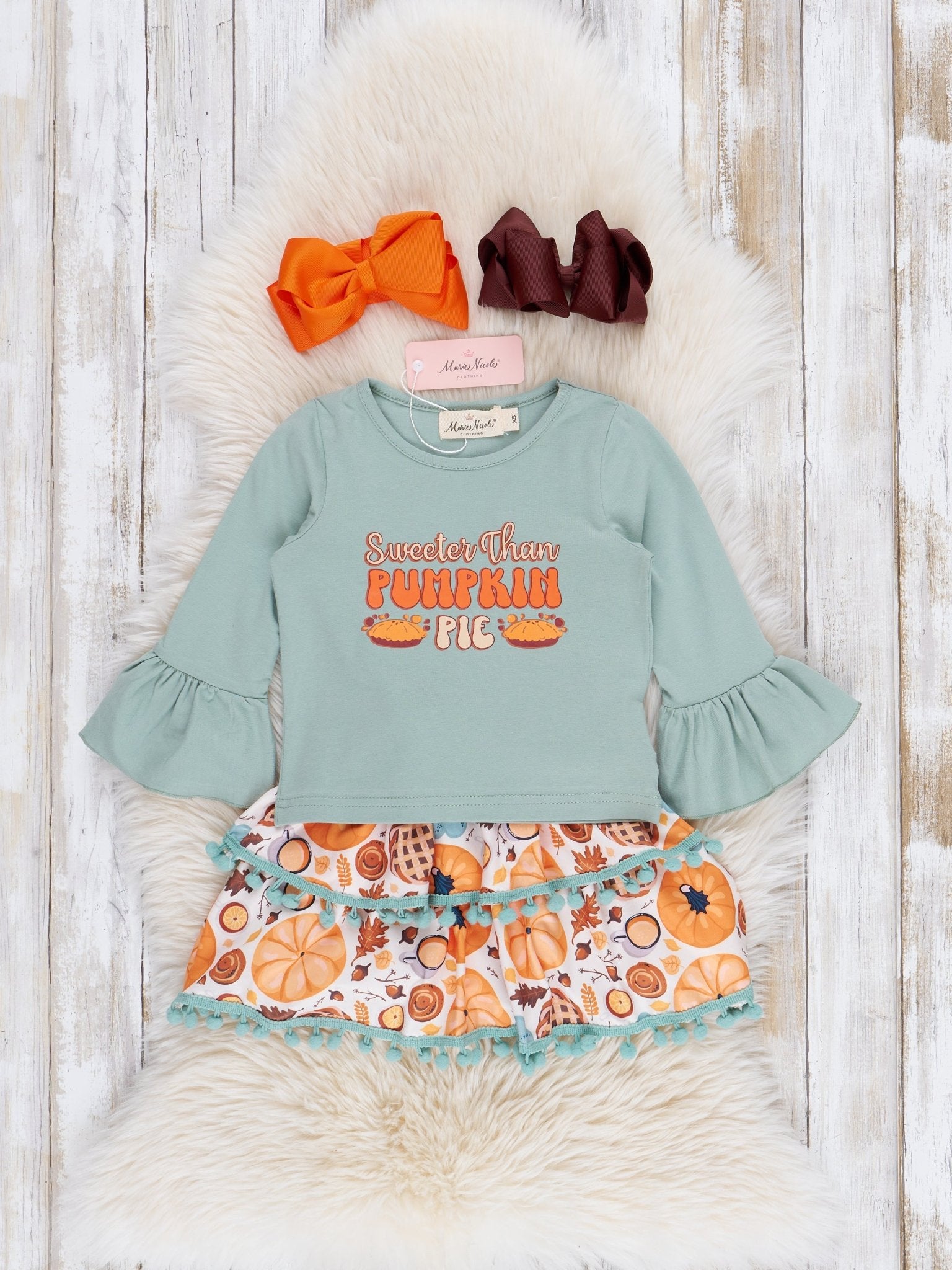 Mint "Sweet as Pumpkin Pie" Ruffle Outfit w/ Skirt - Marie Nicole Clothing