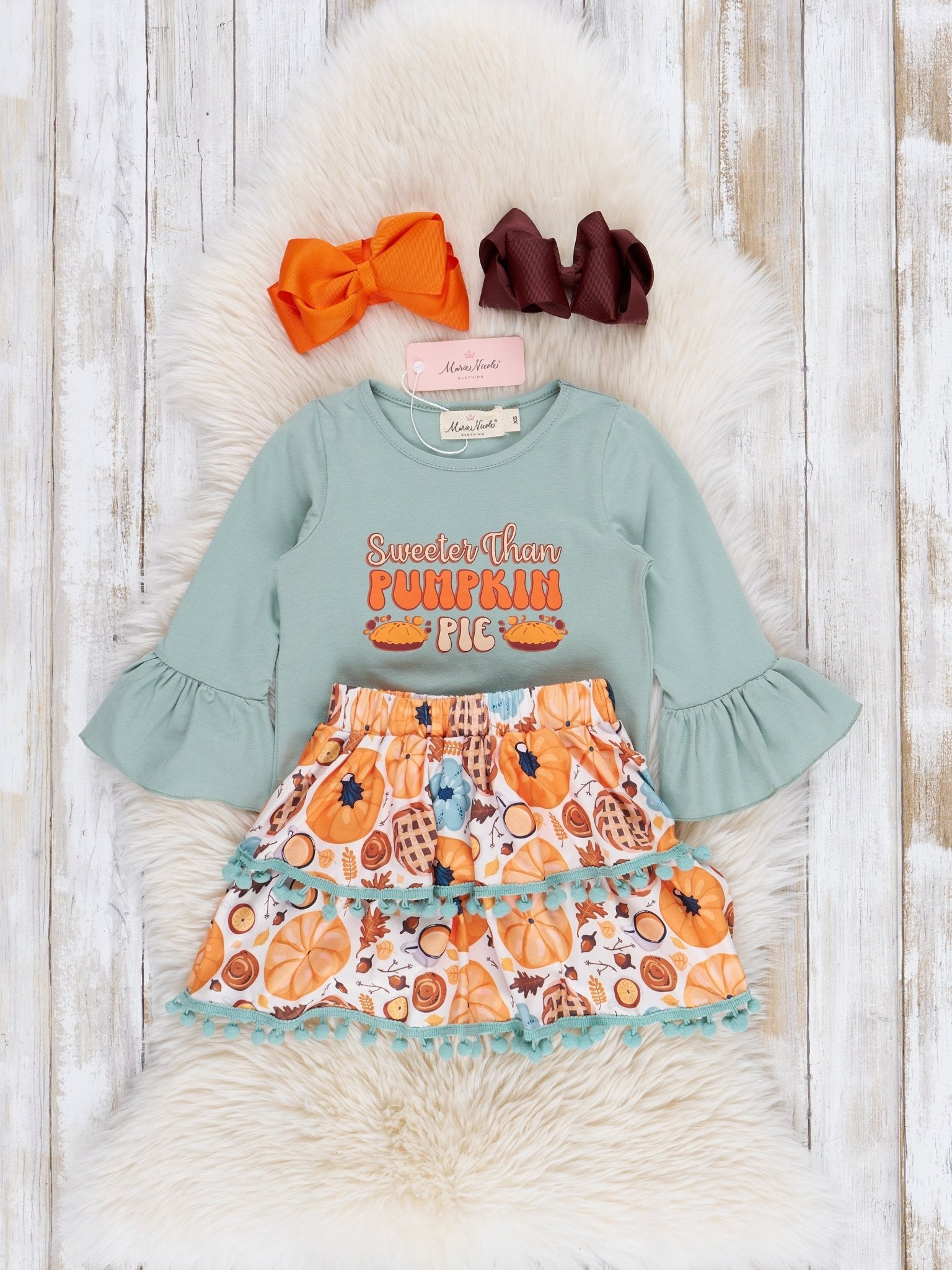 Mint "Sweet as Pumpkin Pie" Ruffle Outfit w/ Skirt - Marie Nicole Clothing