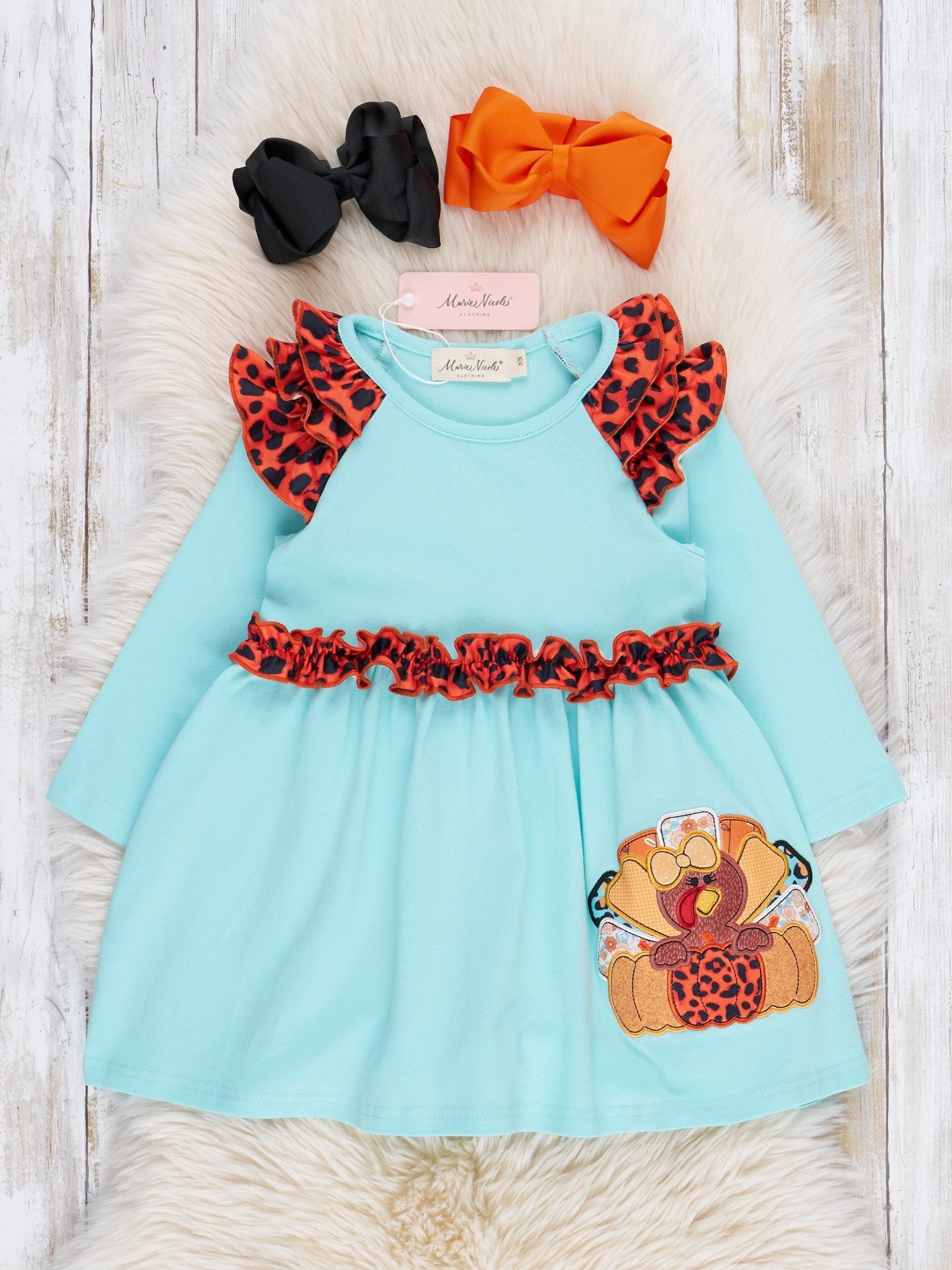 Aqua & Leopard Embroidered Turkey Ruffle Dress - Marie Nicole Clothing