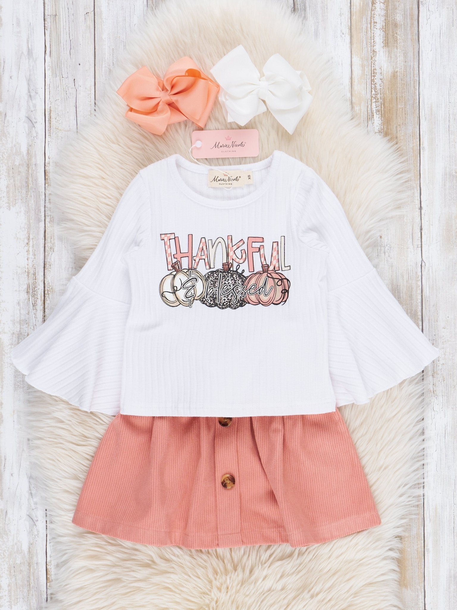 Peach Thankful Pumpkins Outfit w/ Corduroy Skirt - Marie Nicole Clothing