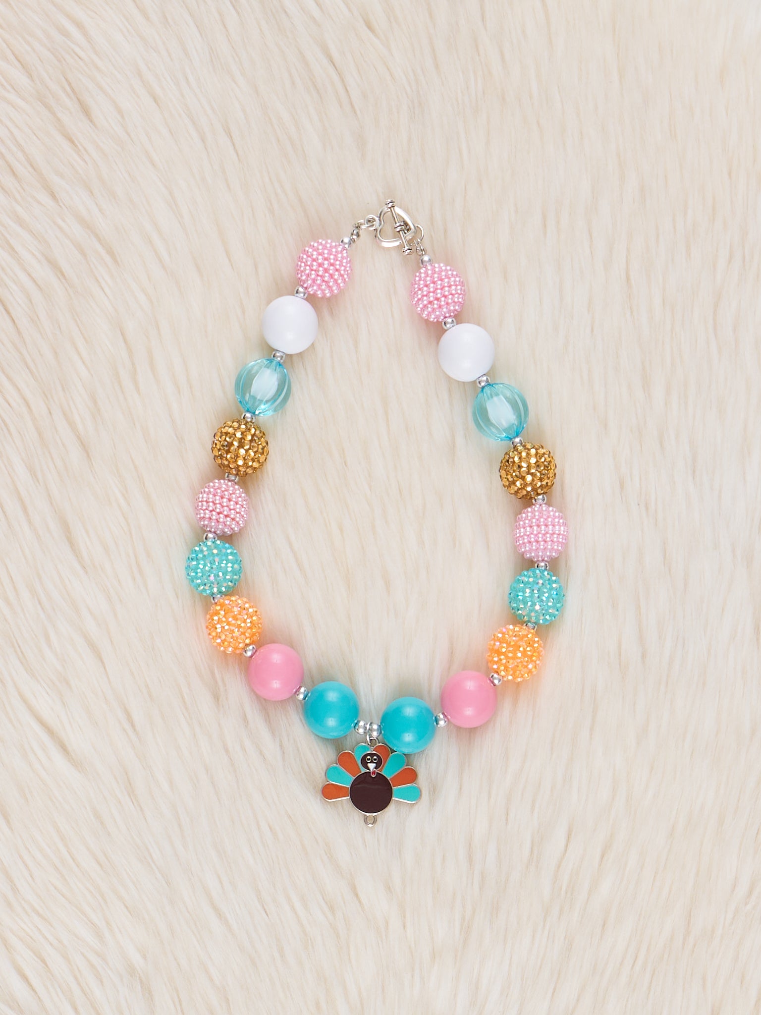 Pink & Teal Turkey Sparkle Bubblegum Necklace - Marie Nicole Clothing