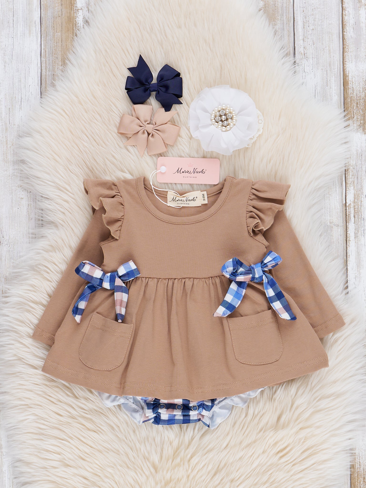 Tan & Navy Plaid Ruffle Bubble Romper - Marie Nicole Clothing