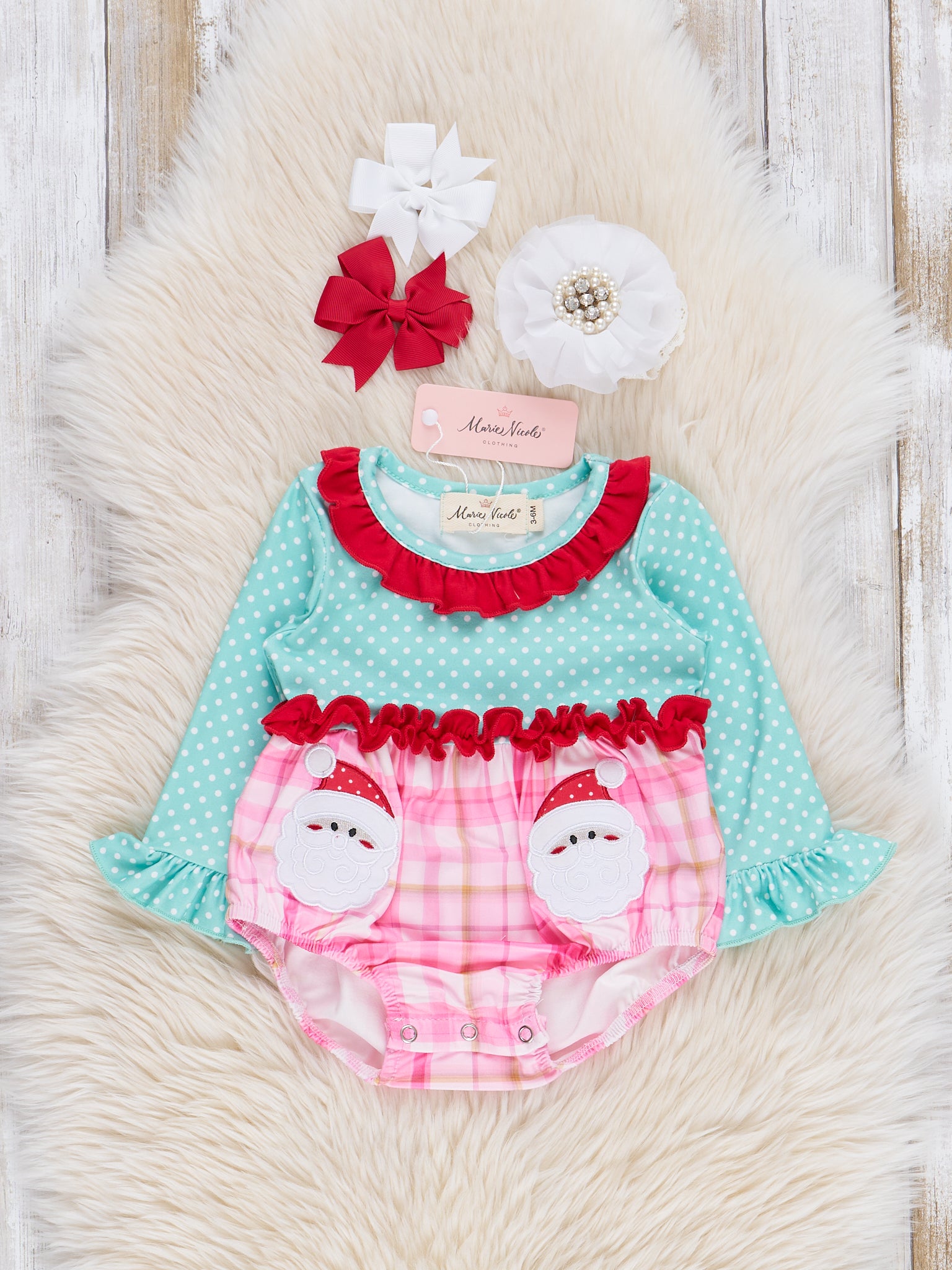 Teal Dots & Pink Plaid Santa Ruffle Bubble Romper - Marie Nicole Clothing