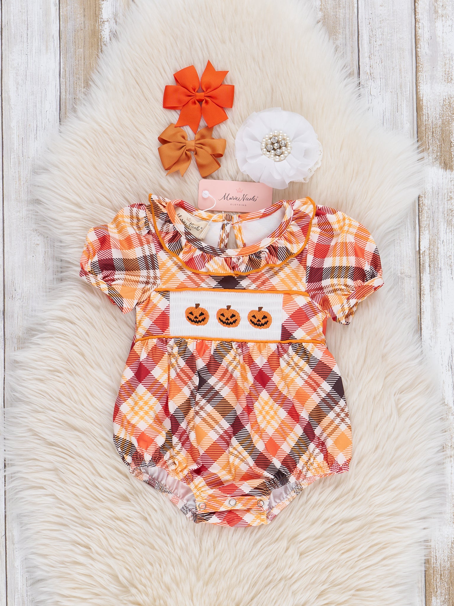 Brown Plaid Smocked Pumpkins Ruffle Bubble Romper - Marie Nicole Clothing