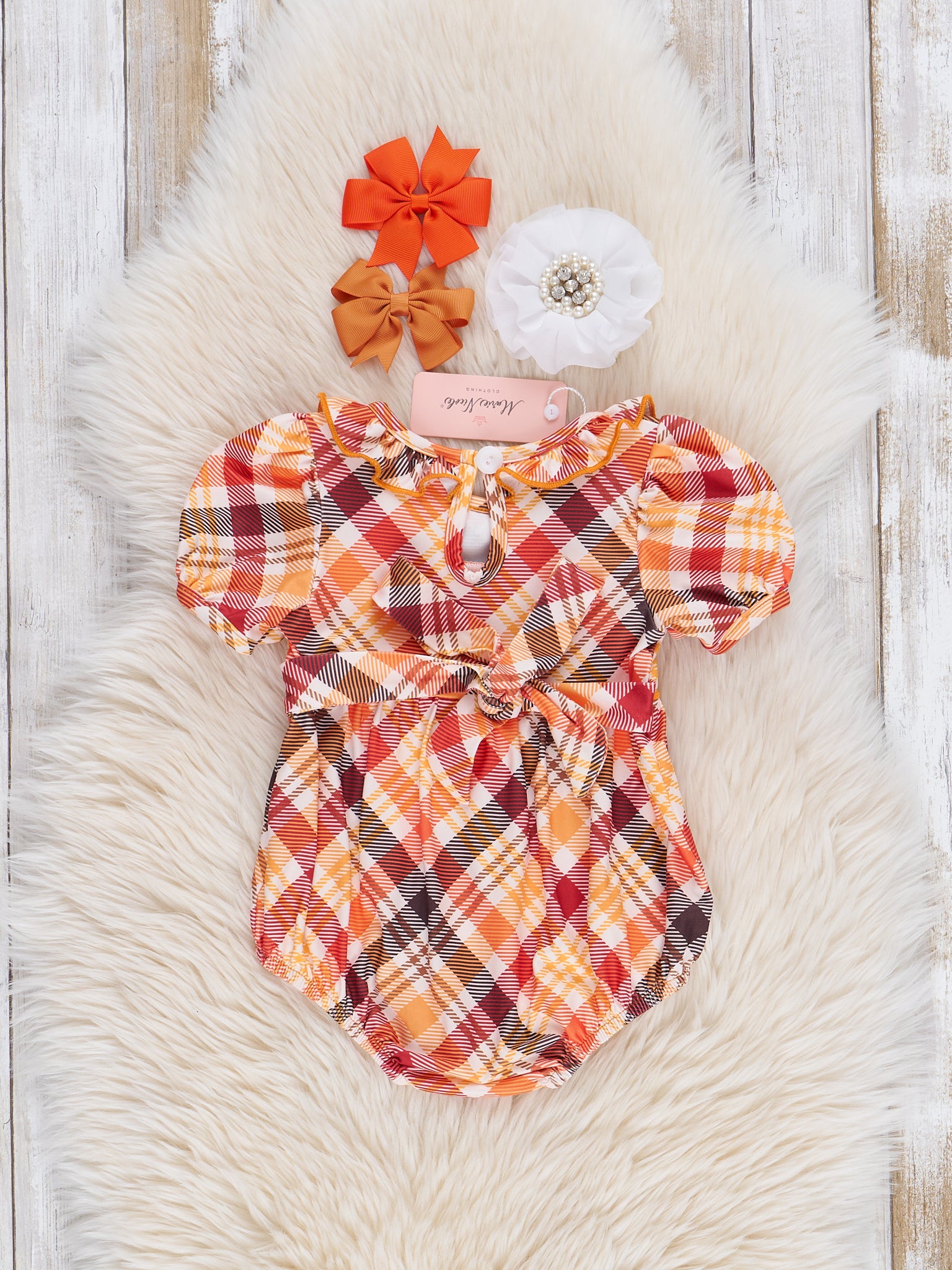 Brown Plaid Smocked Pumpkins Ruffle Bubble Romper - Marie Nicole Clothing