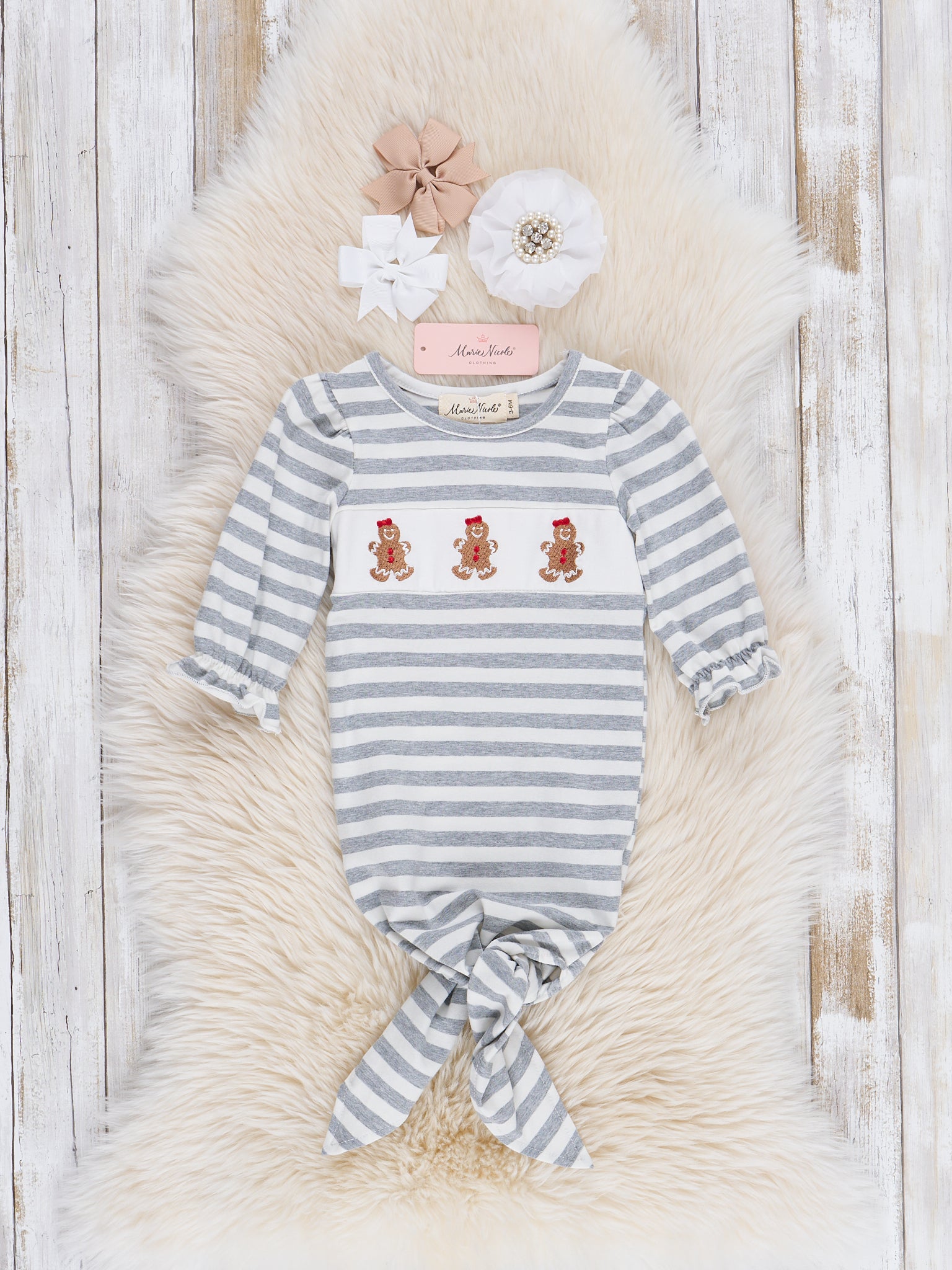 Grey Striped Smocked Gingerbread Knot Gown - Marie Nicole Clothing