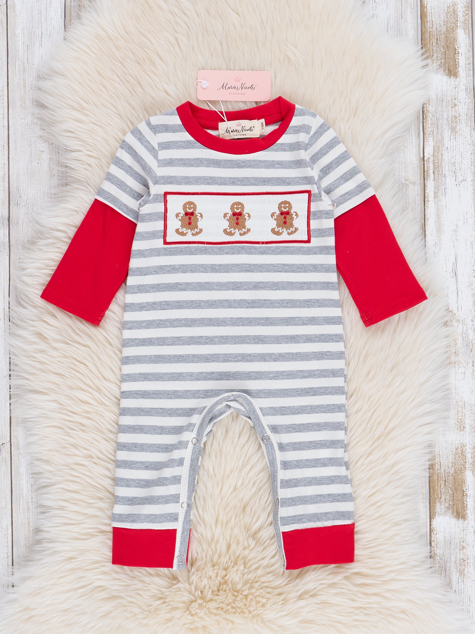 Grey Striped Smocked Gingerbread Romper - Marie Nicole Clothing