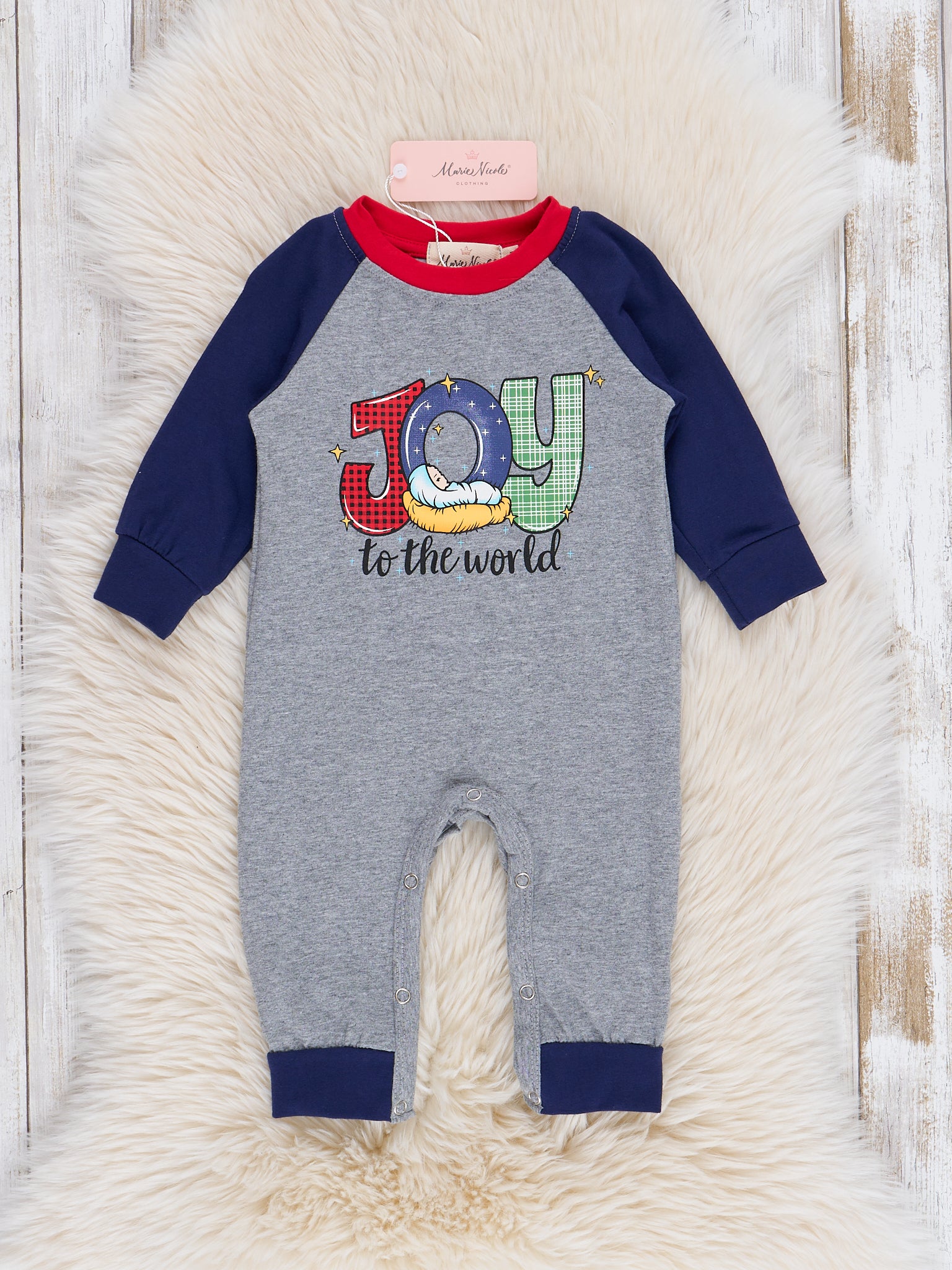 Grey & Blue "Joy" Raglan Romper - Marie Nicole Clothing