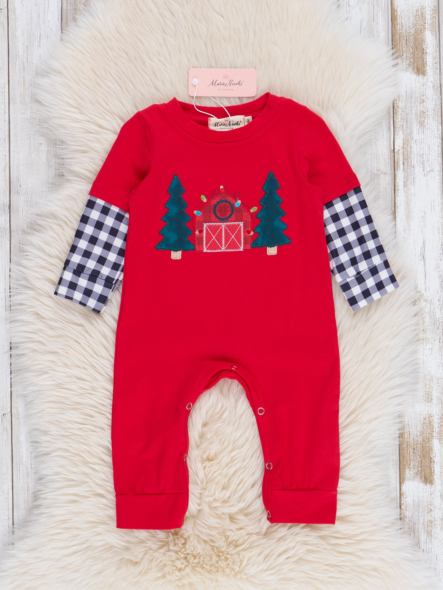 Red Holiday Barn & Gingham Romper - Marie Nicole Clothing