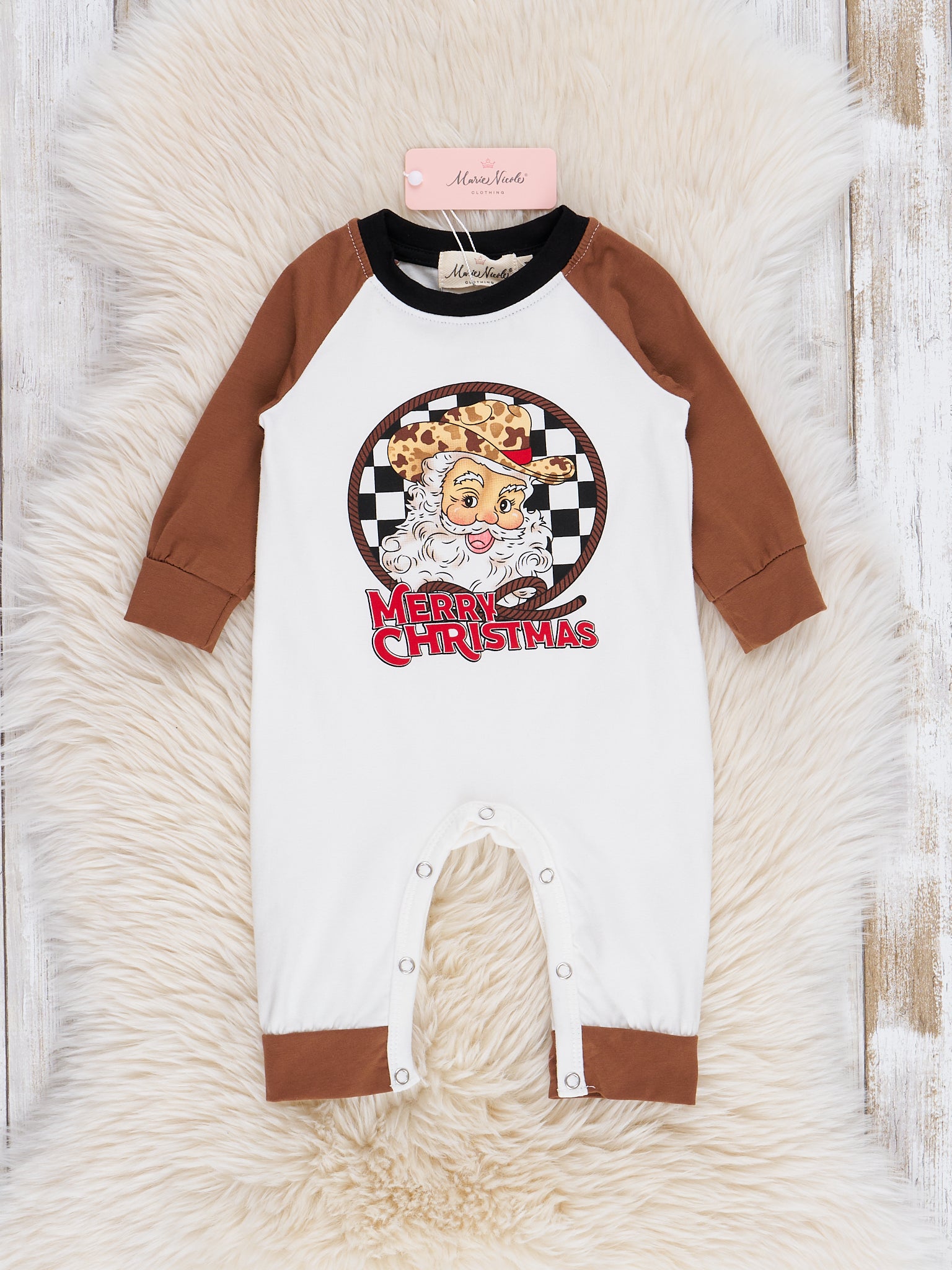 Brown "Merry Christmas" Raglan Romper - Marie Nicole Clothing