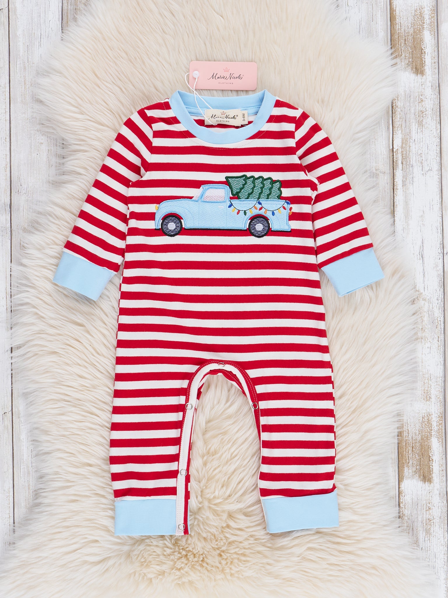 Ice Blue & Red Striped Fresh Cut Tree Romper - Marie Nicole Clothing