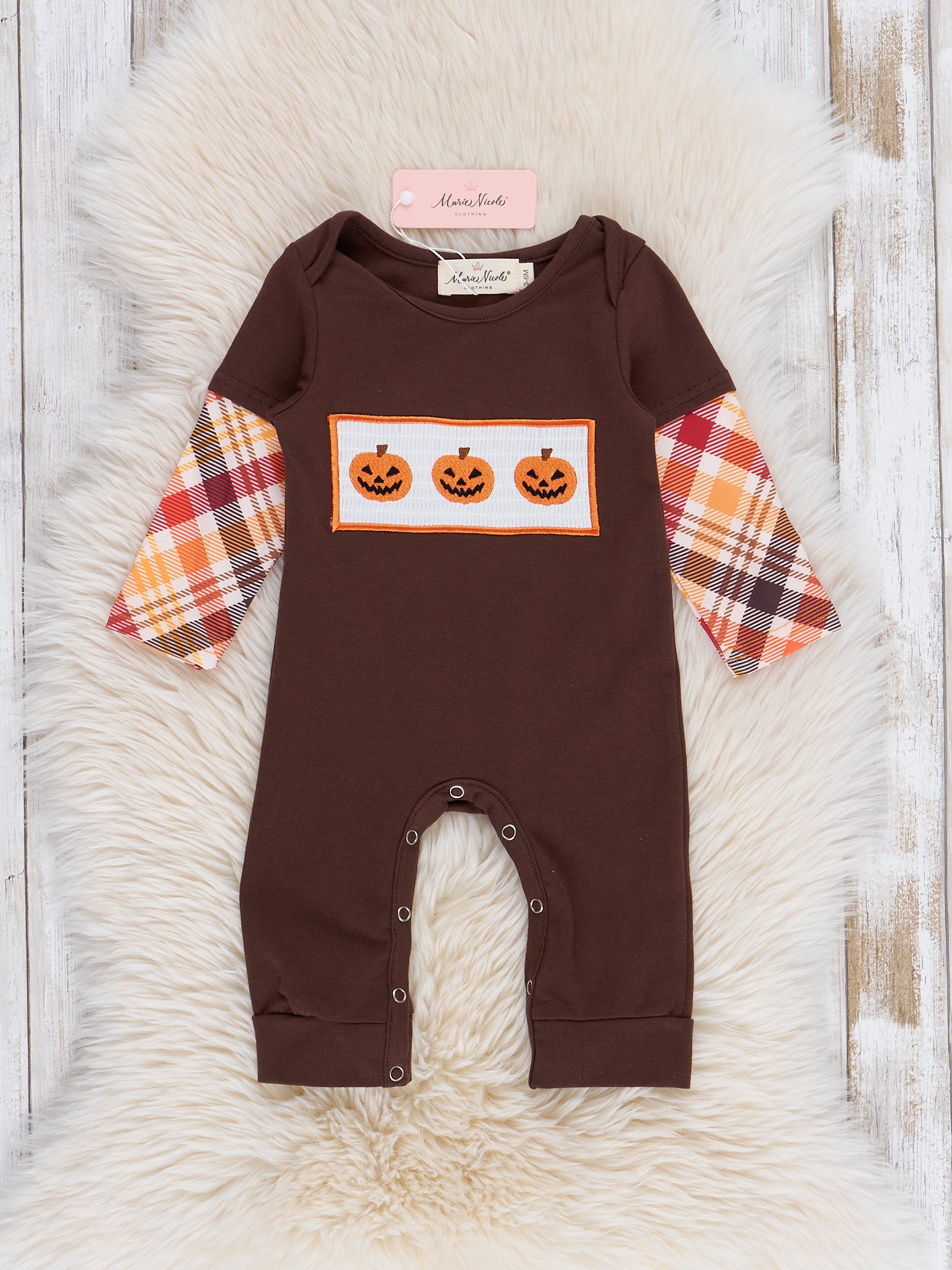 Brown Plaid Smocked Pumpkins Romper - Marie Nicole Clothing