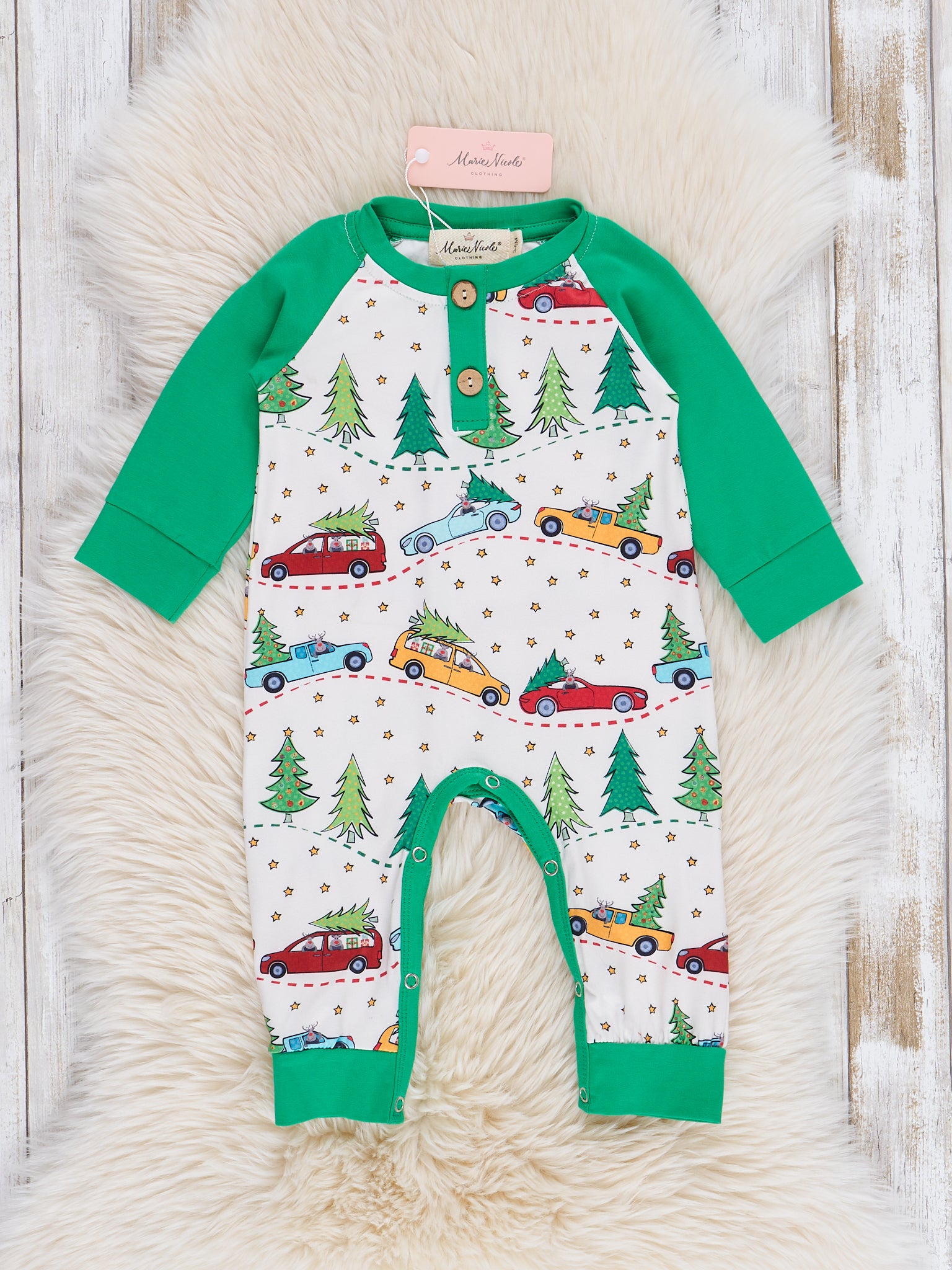 Green Raglan Tree Farm Romper - Marie Nicole Clothing