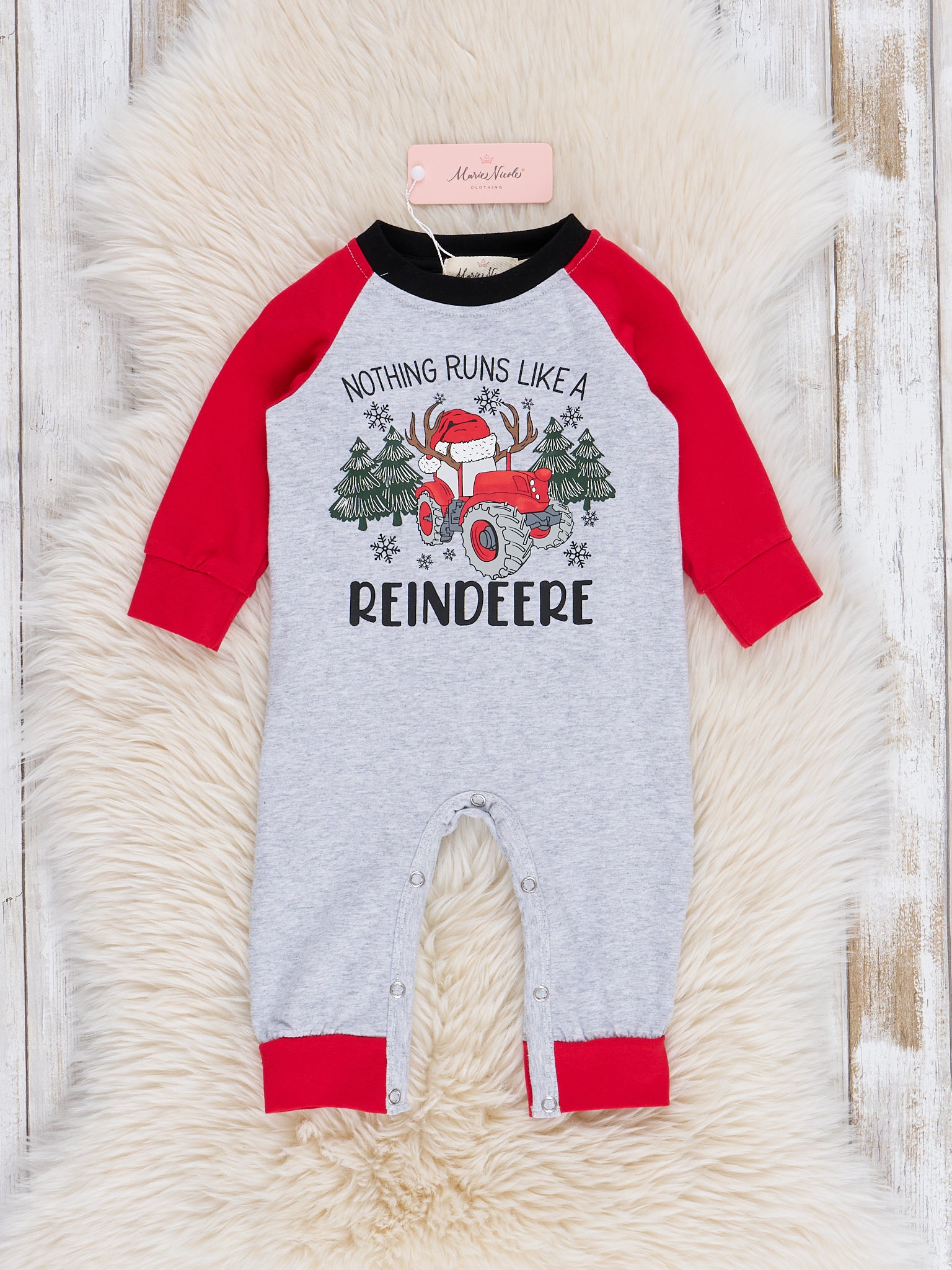 Grey "Nothing Runs Like a Reindeere" Raglan Romper - Marie Nicole Clothing