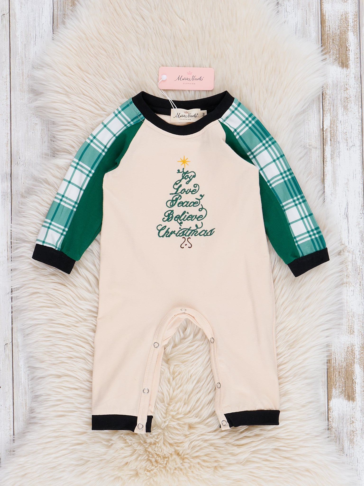 Cream & Evergreen Christmas Romper - Marie Nicole Clothing