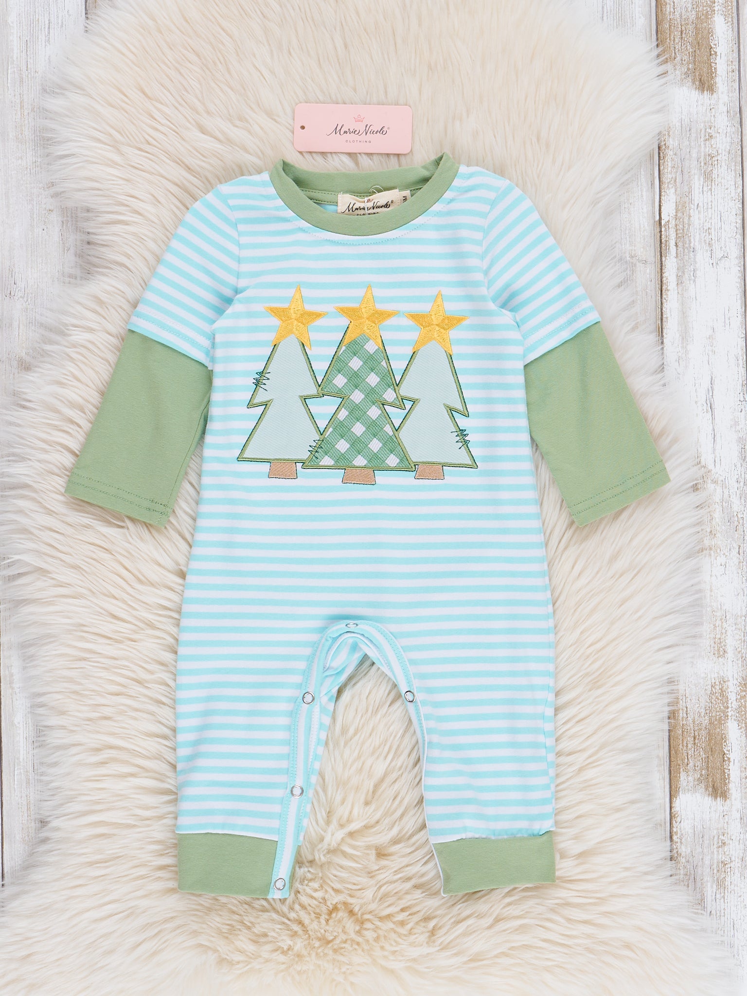 Olive & Blue Striped Christmas Tree Romper - Marie Nicole Clothing