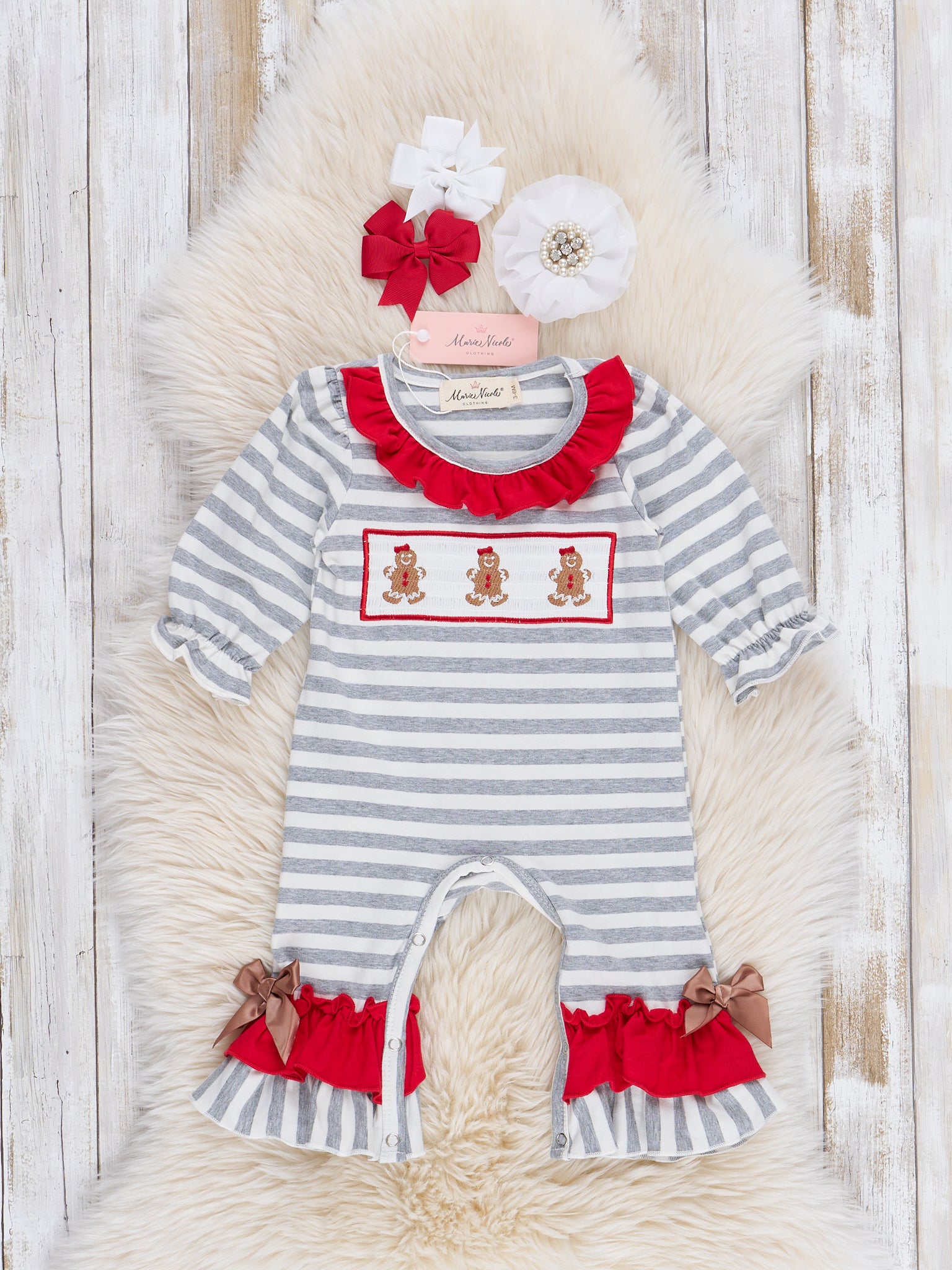 Grey Striped Smocked Gingerbread Ruffle Romper - Marie Nicole Clothing