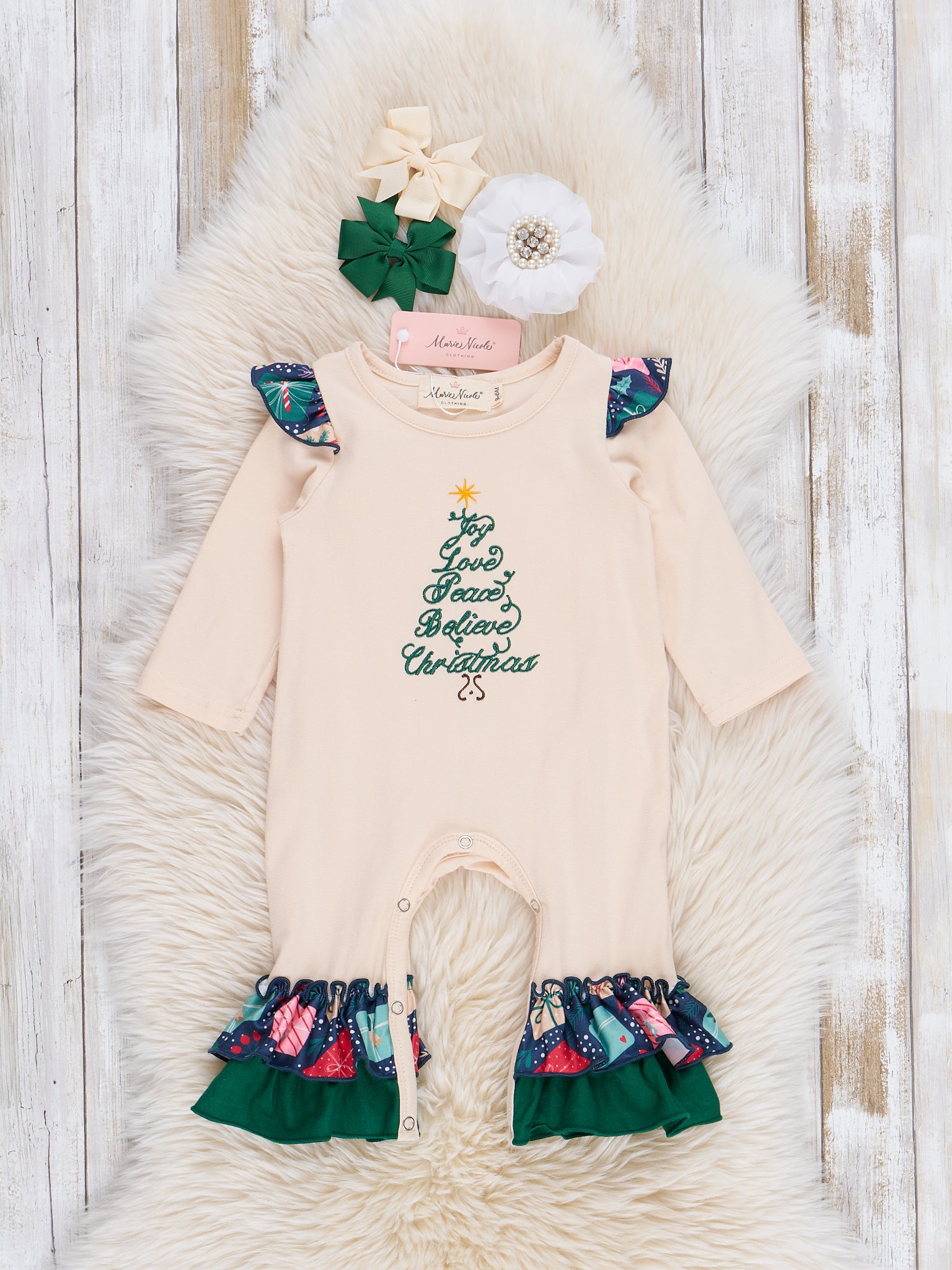 Cream & Evergreen Christmas Ruffle Romper - Marie Nicole Clothing