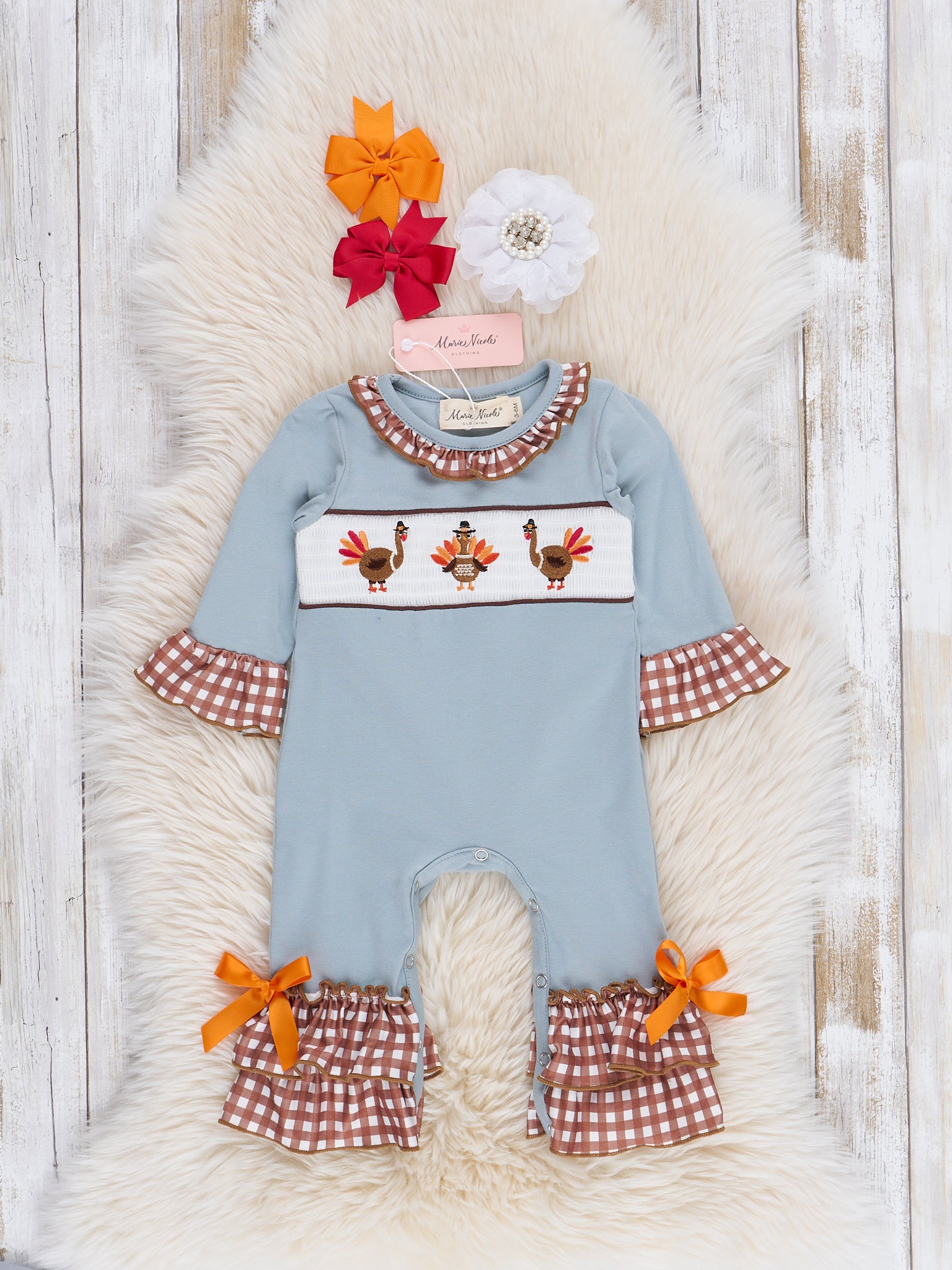 Dusty Blue & Brown Gingham Smocked Turkeys Ruffle Romper - Marie Nicole Clothing