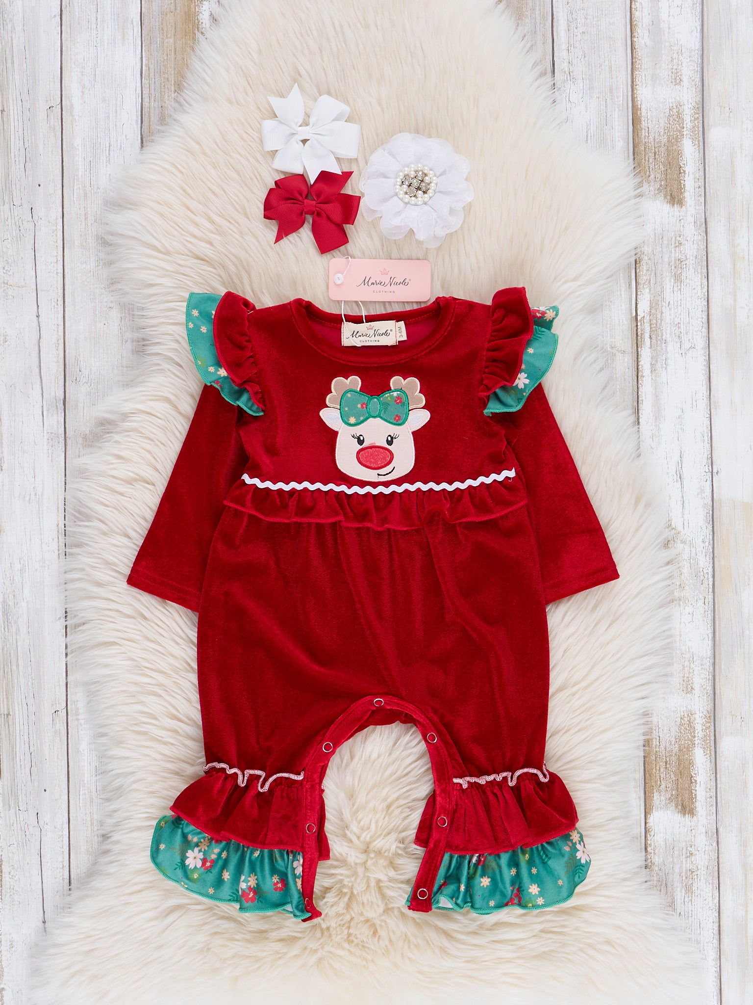 Red Velvet Reindeer Ruffle Romper - Marie Nicole Clothing